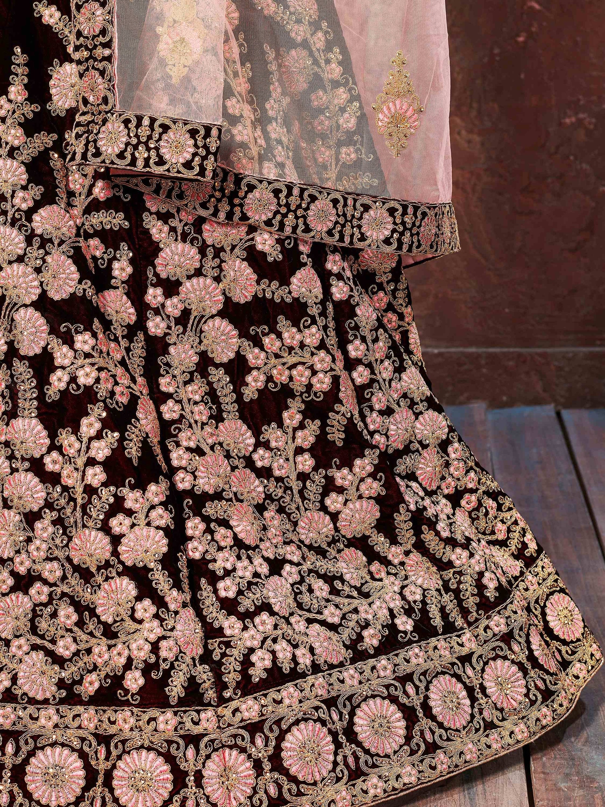 Dark Maroon Thread Embroidery Velvet Silk Bridal Lehenga Choli - Zeel Clothing