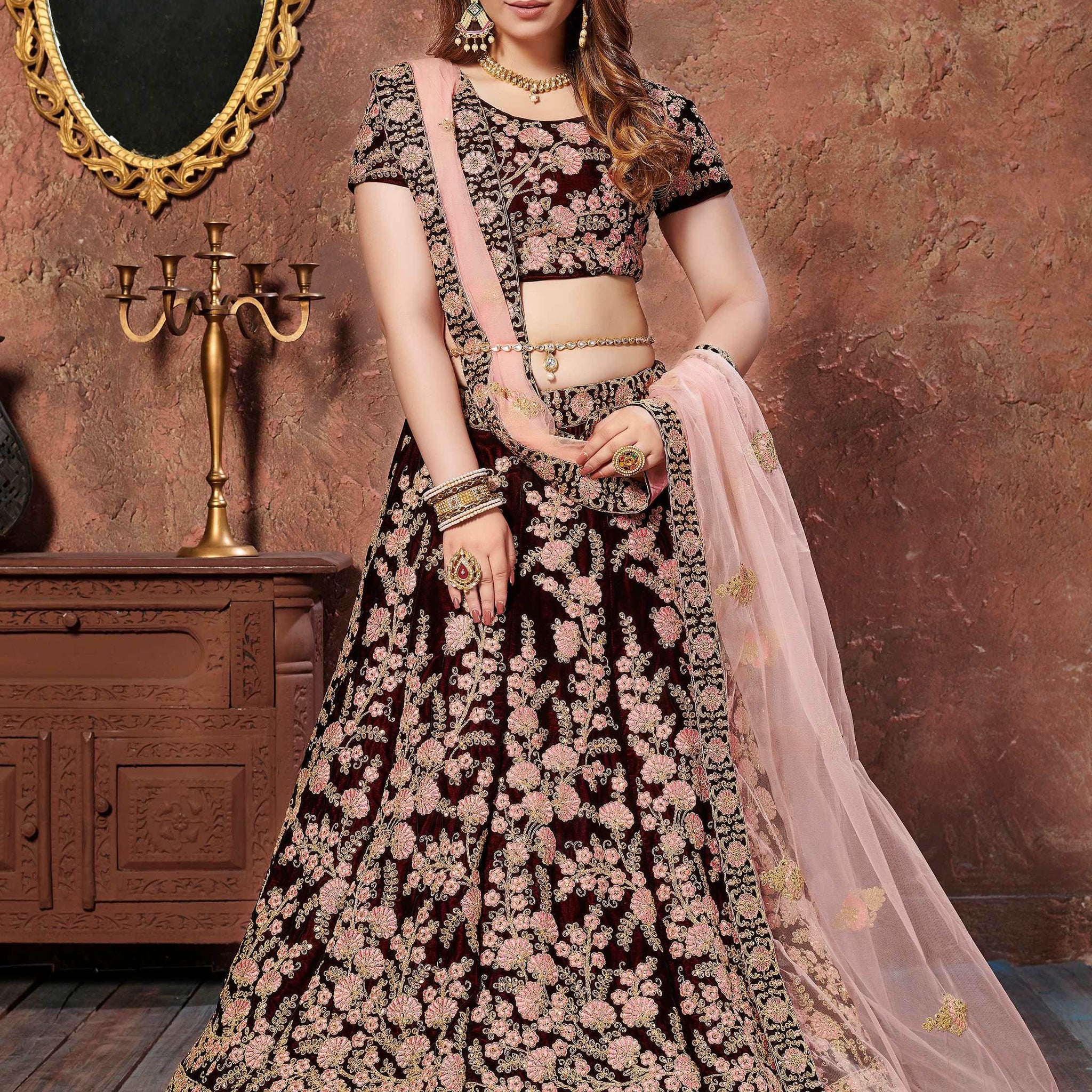 Dark Maroon Thread Embroidery Velvet Silk Bridal Lehenga Choli - Zeel Clothing