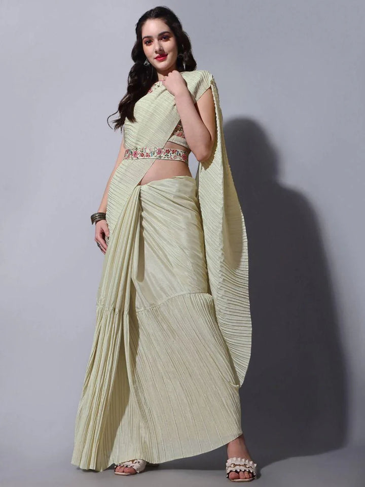 Dazzling Beige Chinon Party Wear Crushed Saree With Embroidered Blouse