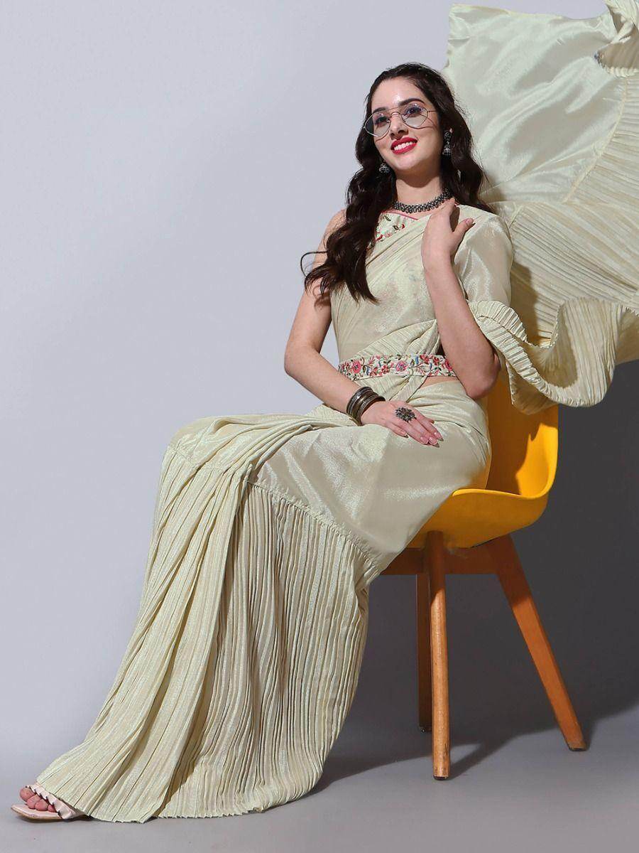 Dazzling Beige Chinon Party Wear Crushed Saree With Embroidered Blouse - Zeel Clothing