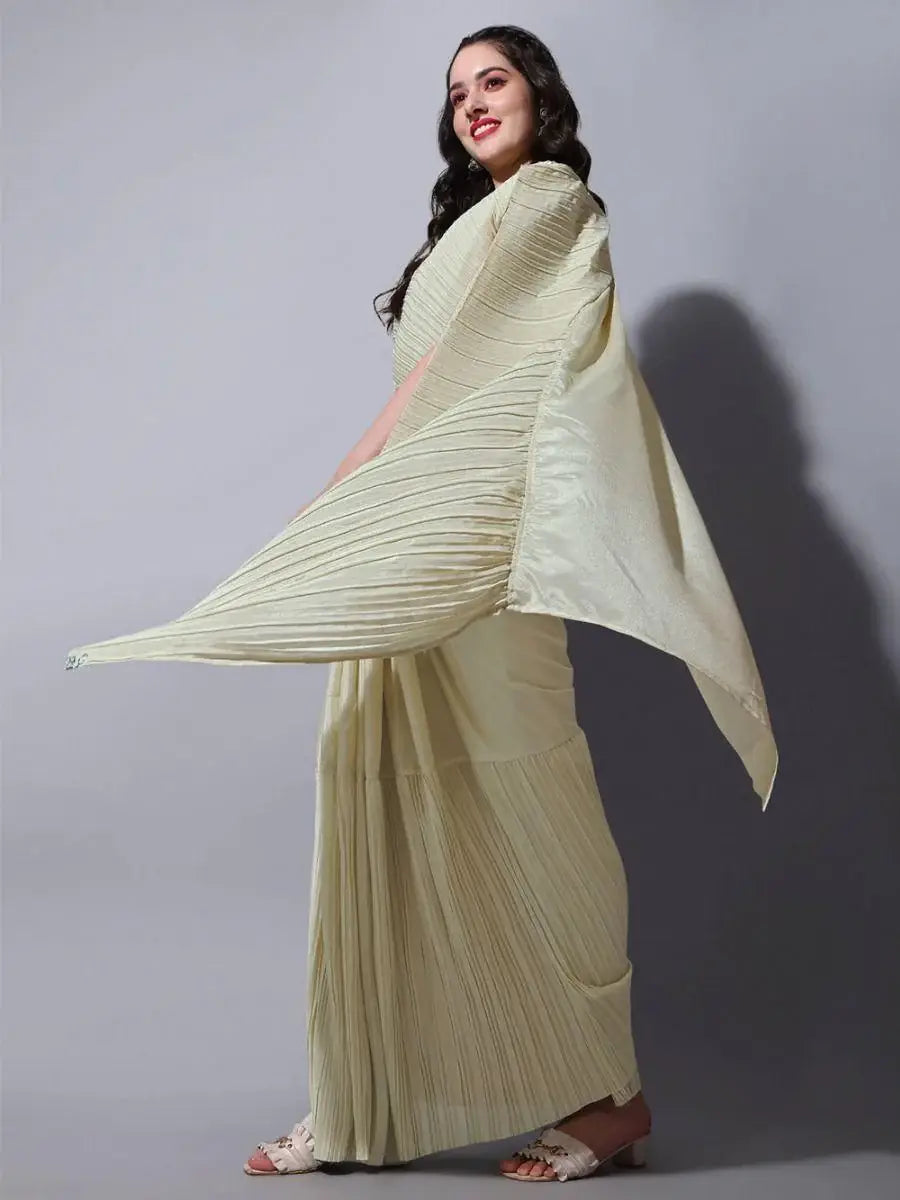 Dazzling Beige Chinon Party Wear Crushed Saree With Embroidered Blouse - Zeel Clothing