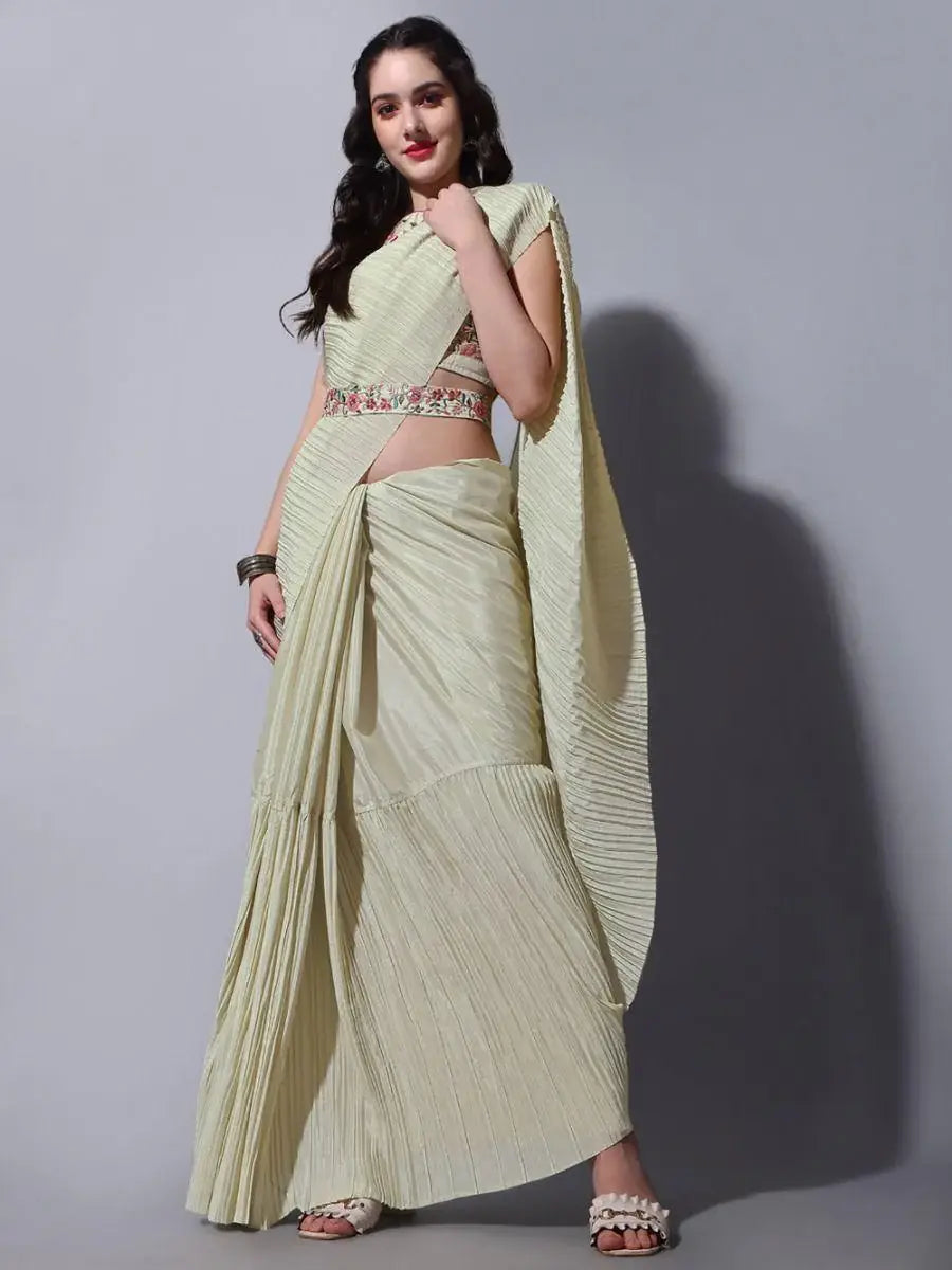 Dazzling Beige Chinon Party Wear Crushed Saree With Embroidered Blouse - Zeel Clothing
