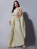 Dazzling Beige Chinon Party Wear Crushed Saree With Embroidered Blouse - Zeel Clothing
