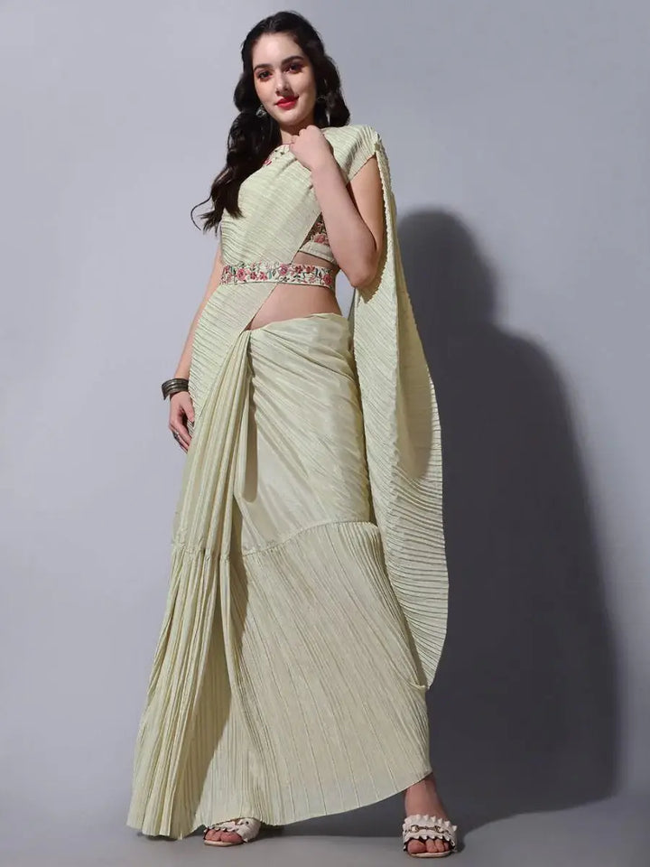 Dazzling Beige Chinon Party Wear Crushed Saree With Embroidered Blouse - Zeel Clothing