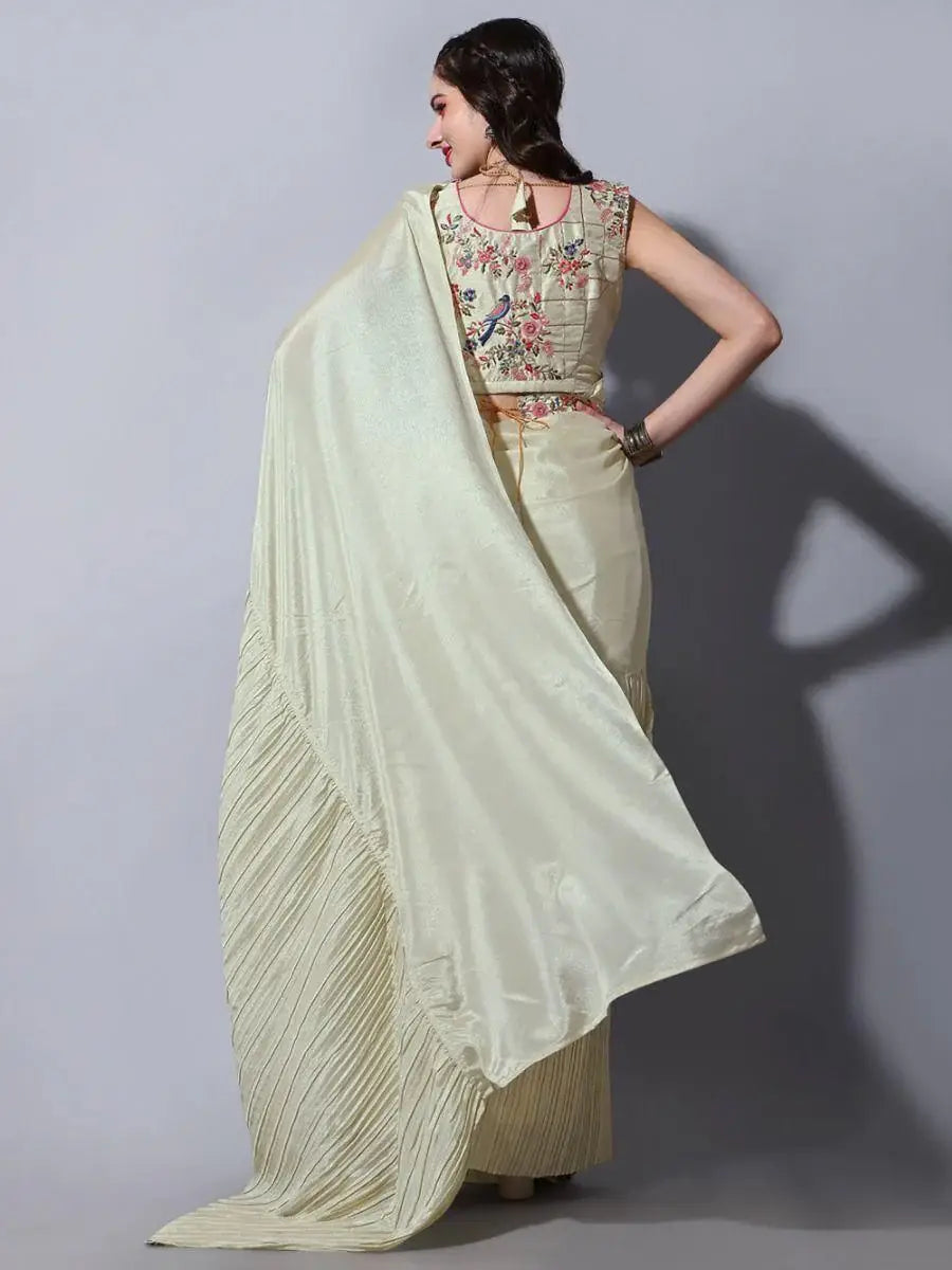Dazzling Beige Chinon Party Wear Crushed Saree With Embroidered Blouse - Zeel Clothing
