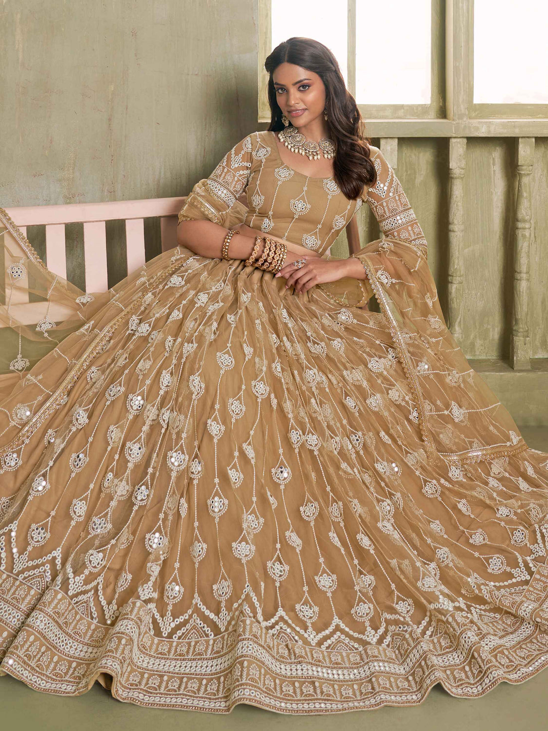Dazzling Beige Sequins Net Engagement Wear Lehenga Choli - Zeel Clothing