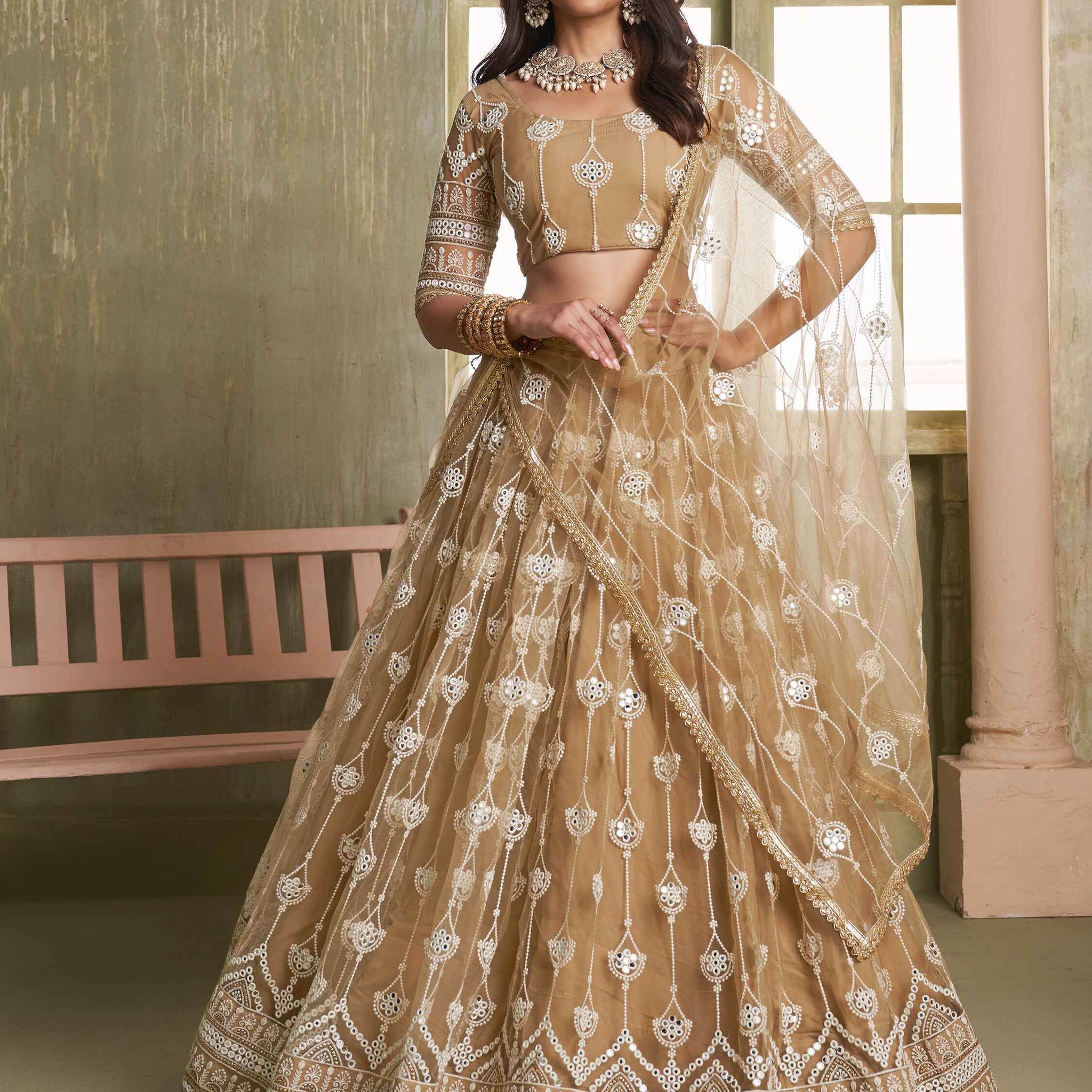Dazzling Beige Sequins Net Engagement Wear Lehenga Choli - Zeel Clothing