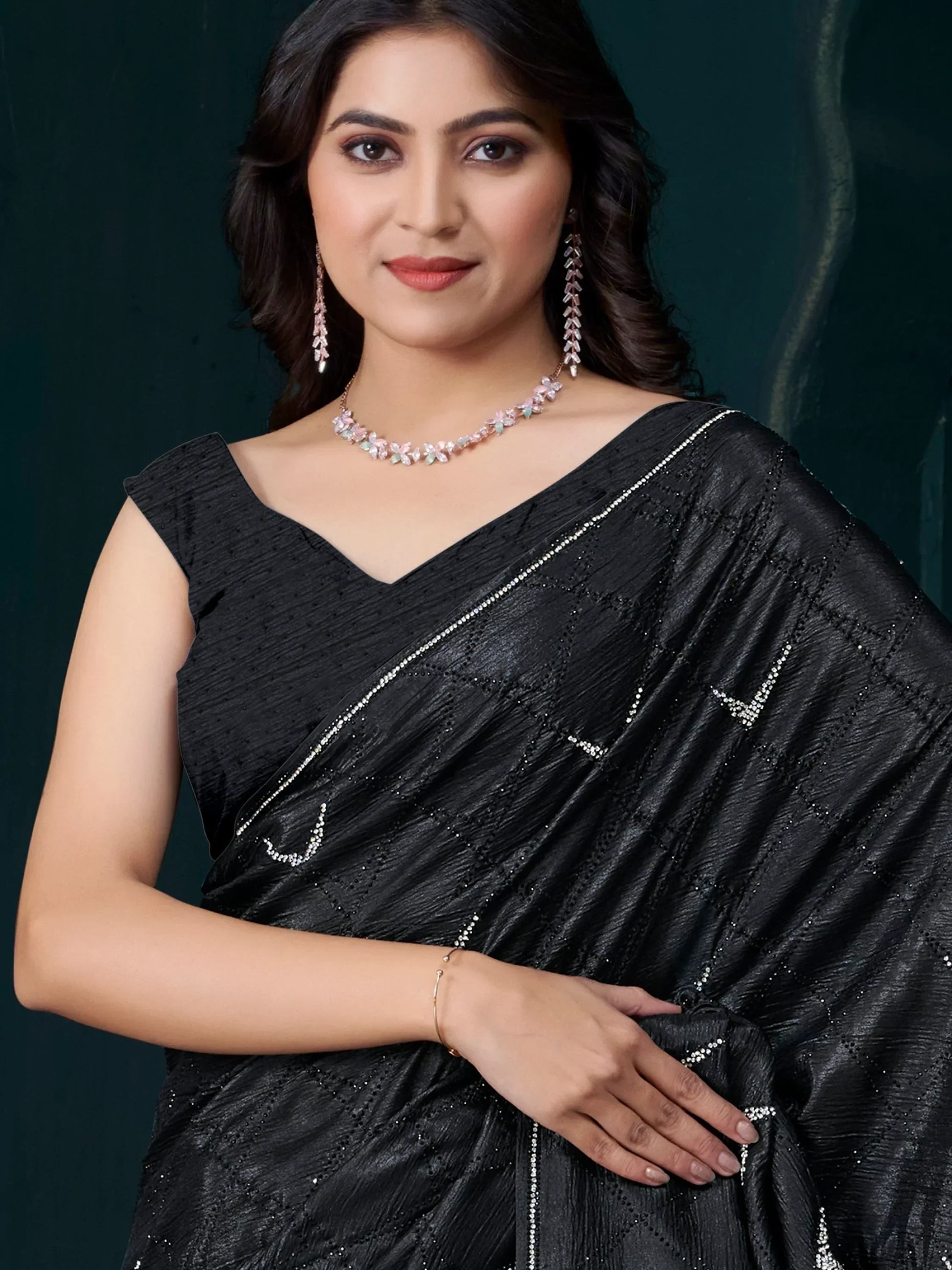 Dazzling Black Diamond Work Crepe Silk Traditional Saree With Blouse - Zeel Clothing