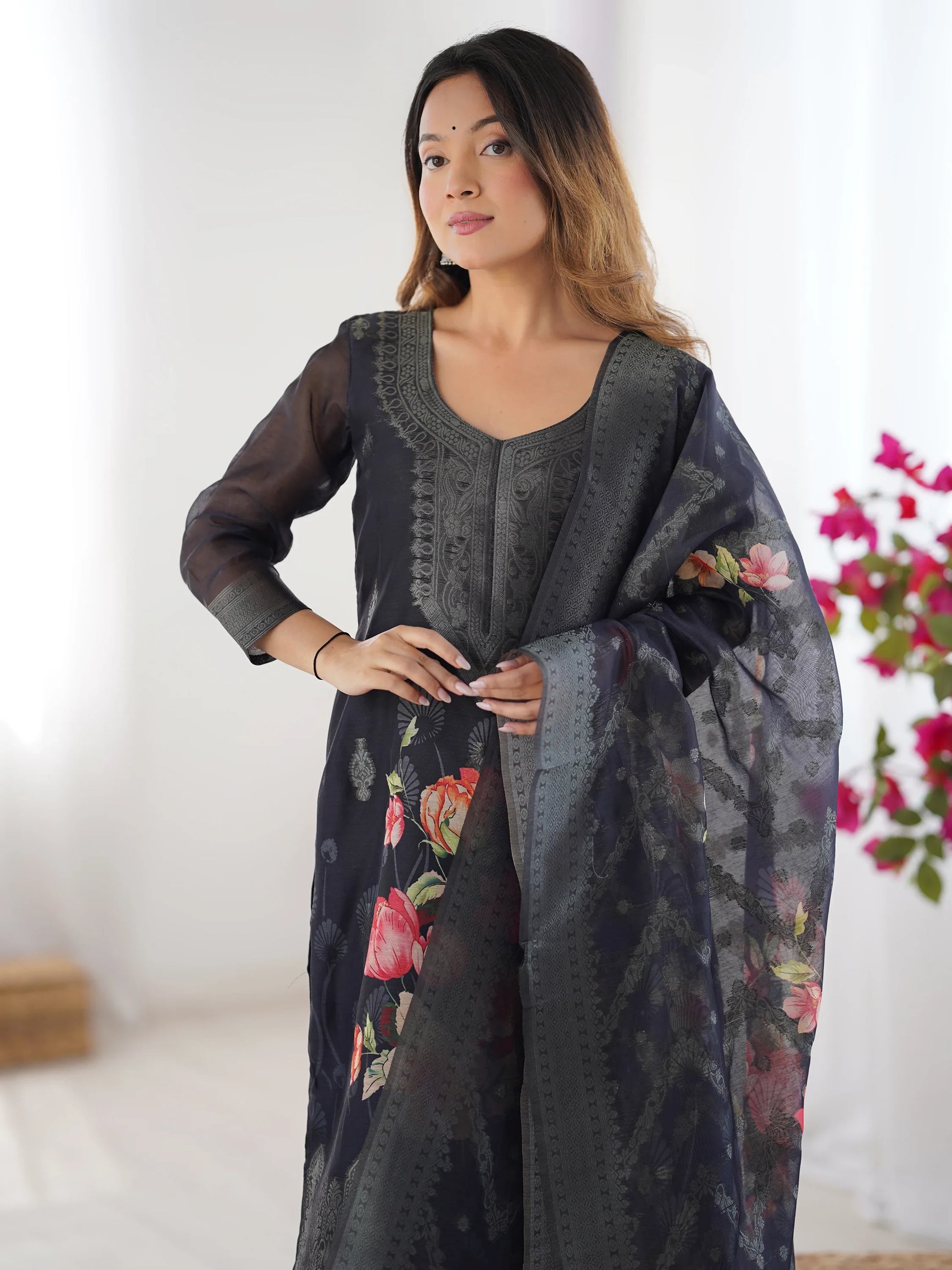 Dazzling Black Floral Printed Chanderi Traditional Pant Suit With Dupatta - Zeel Clothing