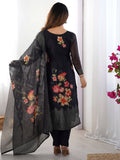 Dazzling Black Floral Printed Chanderi Traditional Pant Suit With Dupatta - Zeel Clothing