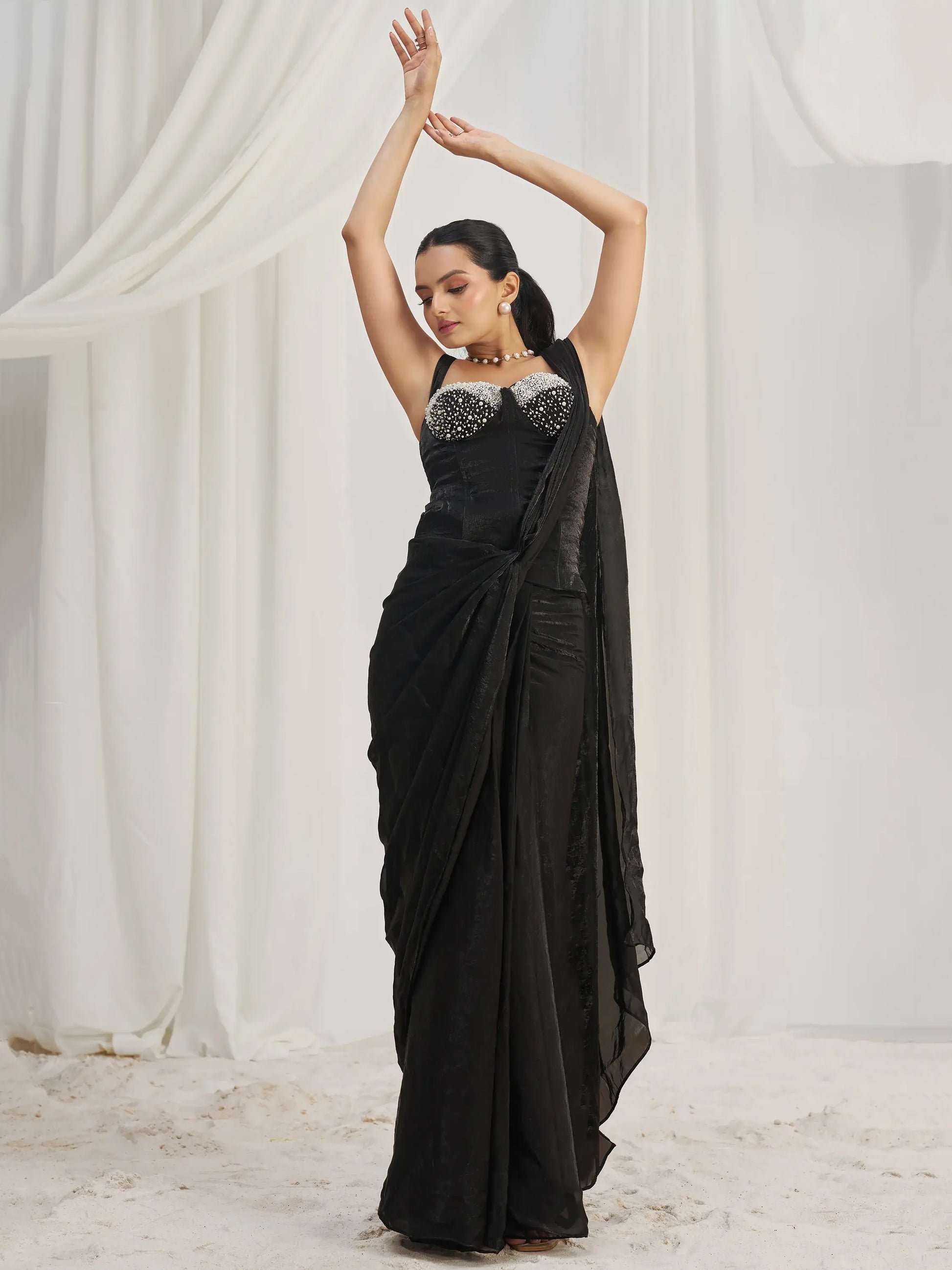 Dazzling Black Organza Pre-Stitched Saree With Corset Blouse - Zeel Clothing