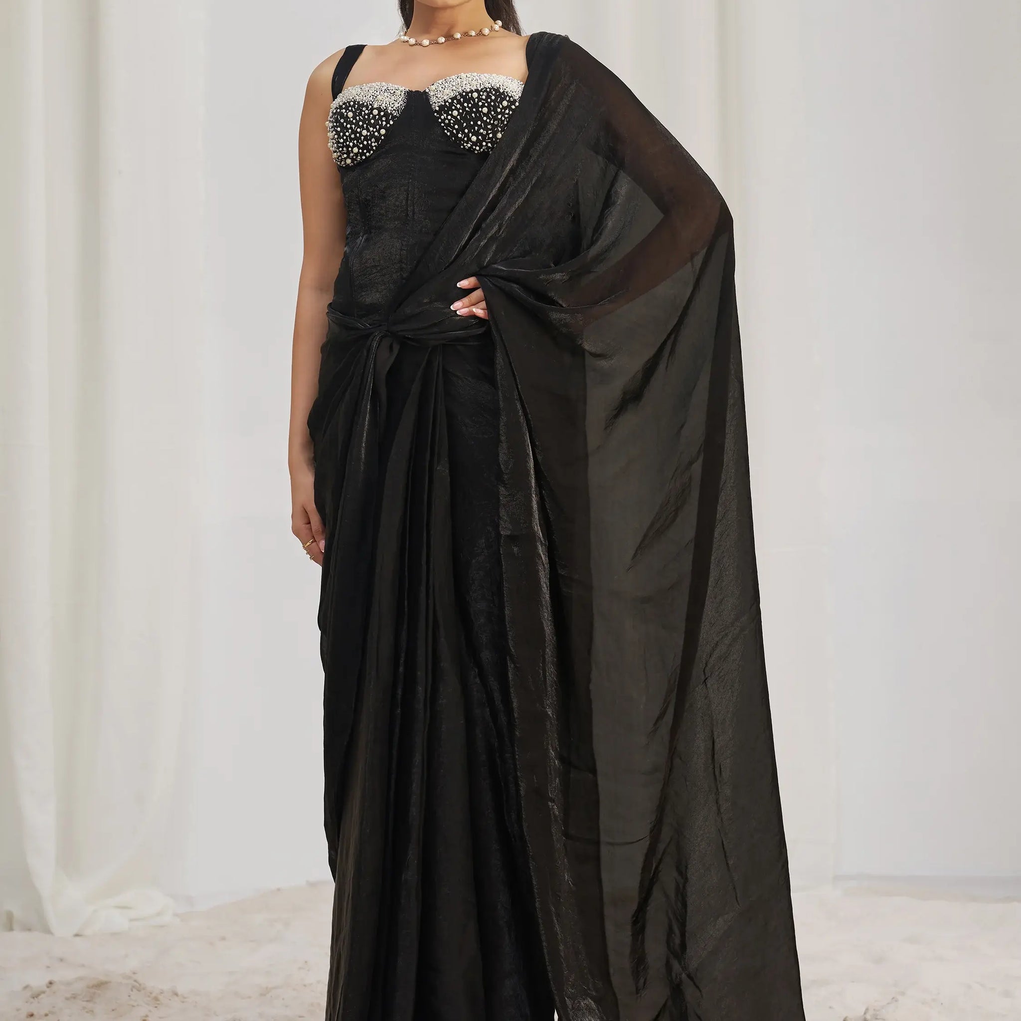 Dazzling Black Organza Pre-Stitched Saree With Corset Blouse - Zeel Clothing