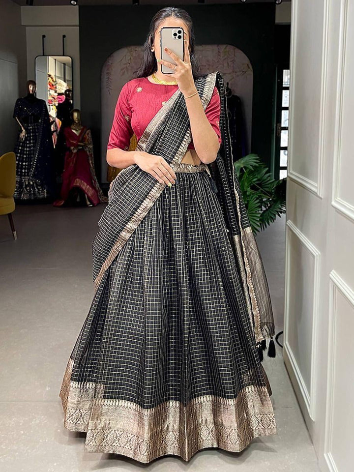 Dazzling Black Zari Weaving Organza Traditional Lehenga Choli