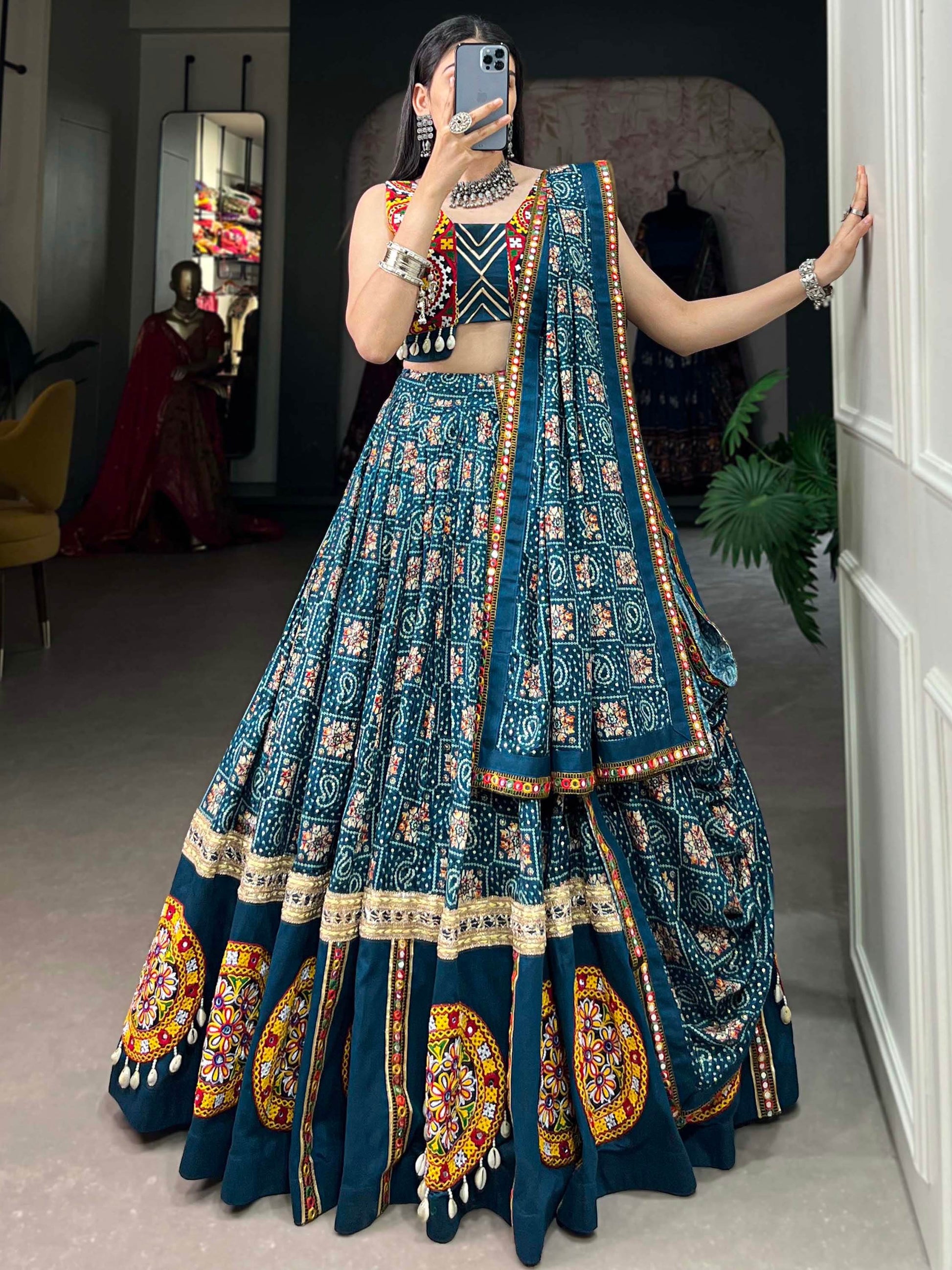 Dazzling Blue Bandhani Printed Rayon Navratri Lehenga Choli - Zeel Clothing