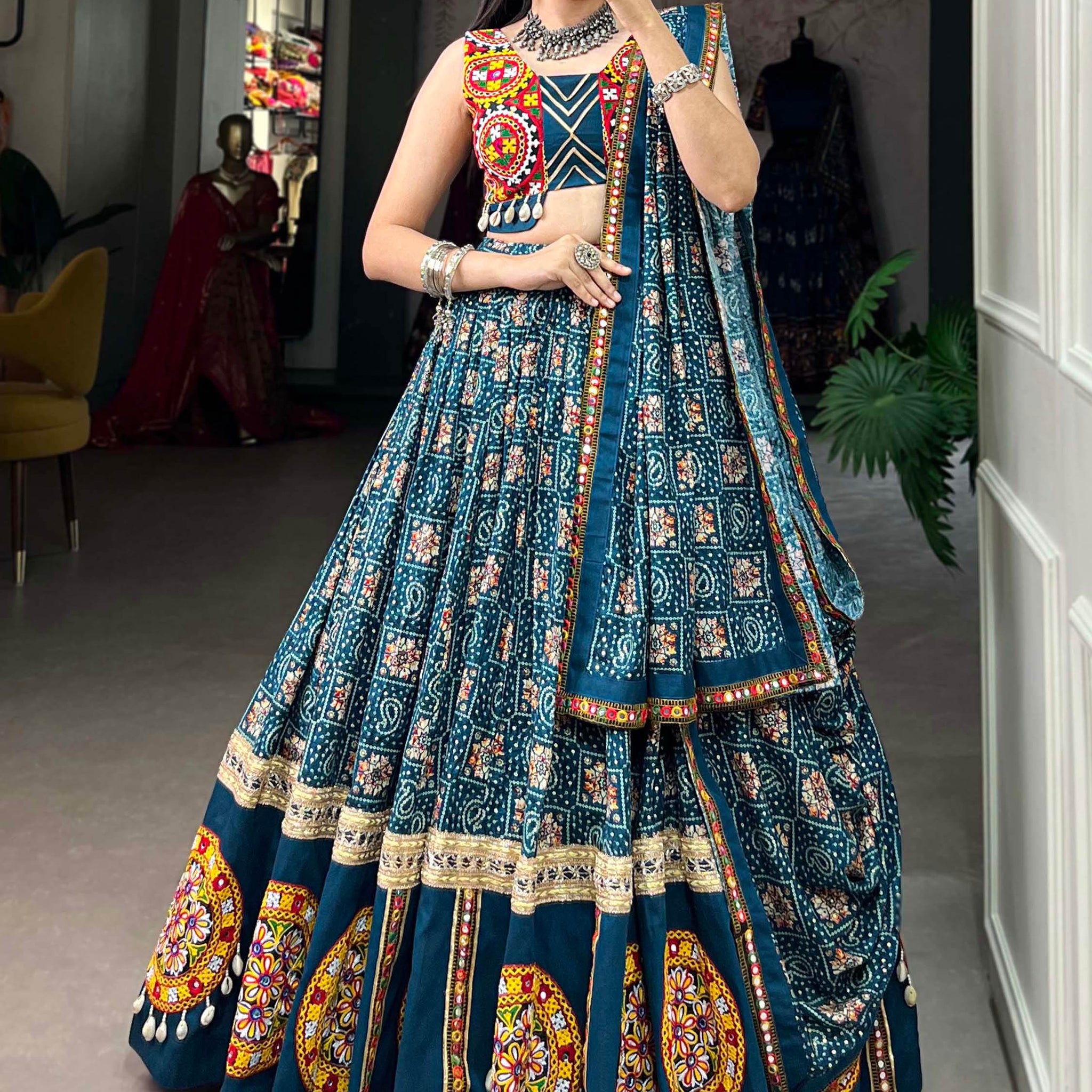 Dazzling Blue Bandhani Printed Rayon Navratri Lehenga Choli - Zeel Clothing