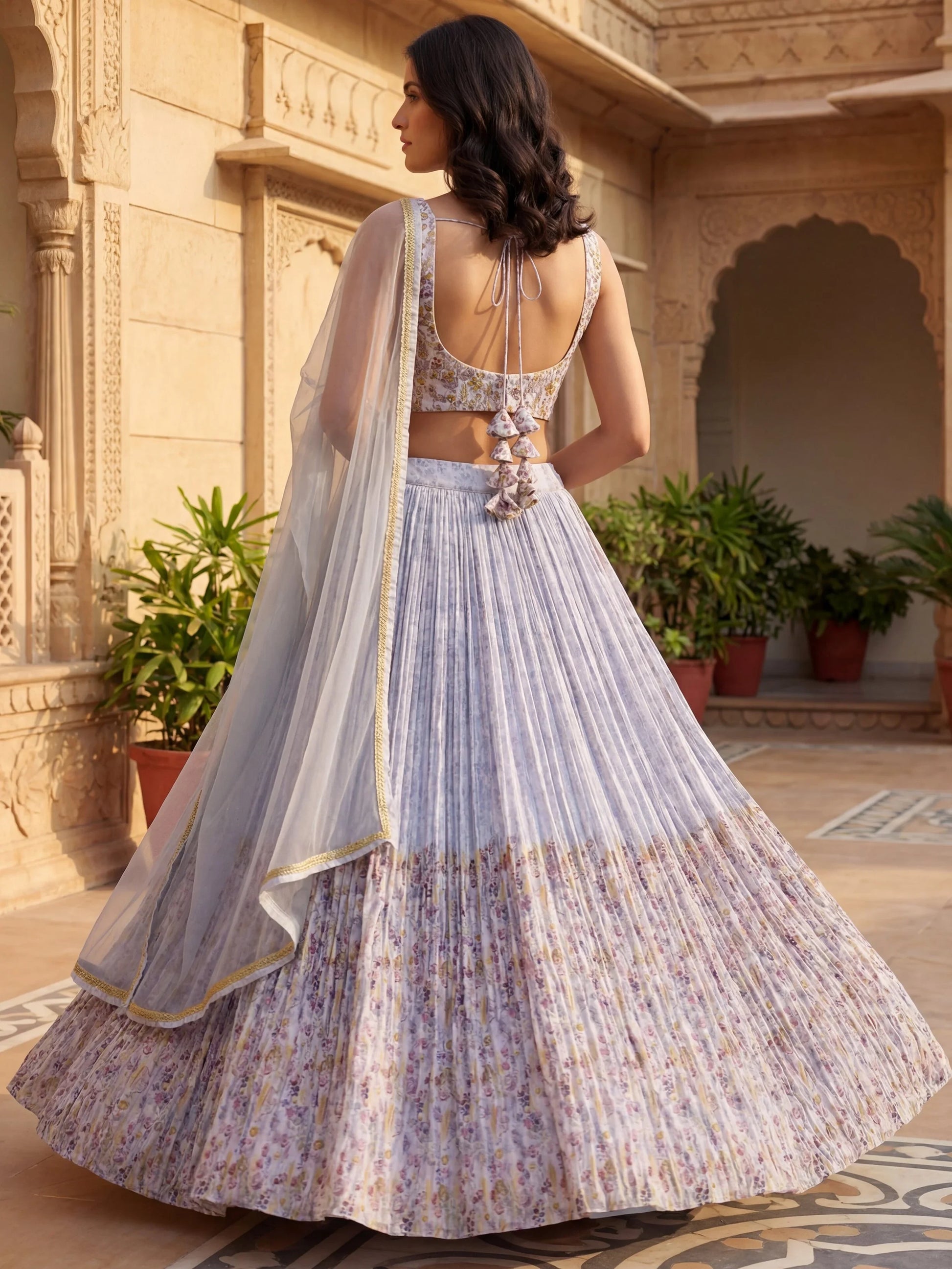 Dazzling Blue Floral Printed Georgette Bridesmaid Lehenga Choli With Dupatta