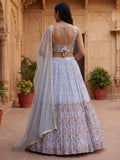 Dazzling Blue Floral Printed Georgette Bridesmaid Lehenga Choli With Dupatta