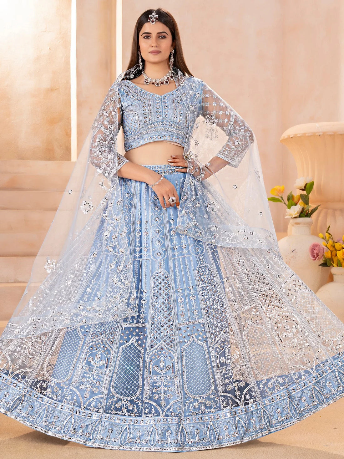 Dazzling Blue Sequins Embroidery Chinon Wedding Wear Lehenga Choli With Dupatta