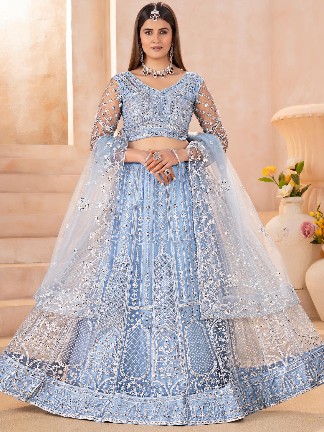 Dazzling Blue Sequins Embroidery Chinon Wedding Wear Lehenga Choli With Dupatta