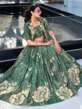 Dazzling Bottle Green Floral Printed Silk Crop Top Lehenga With Jacket - Zeel Clothing
