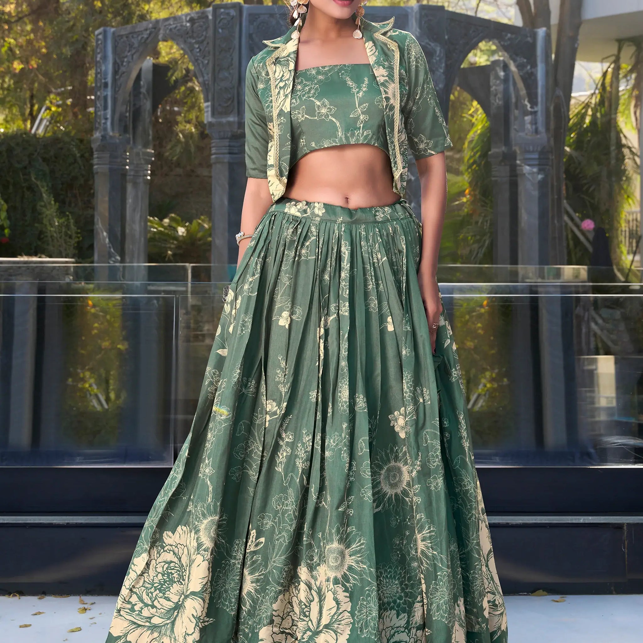 Dazzling Bottle Green Floral Printed Silk Crop Top Lehenga With Jacket - Zeel Clothing