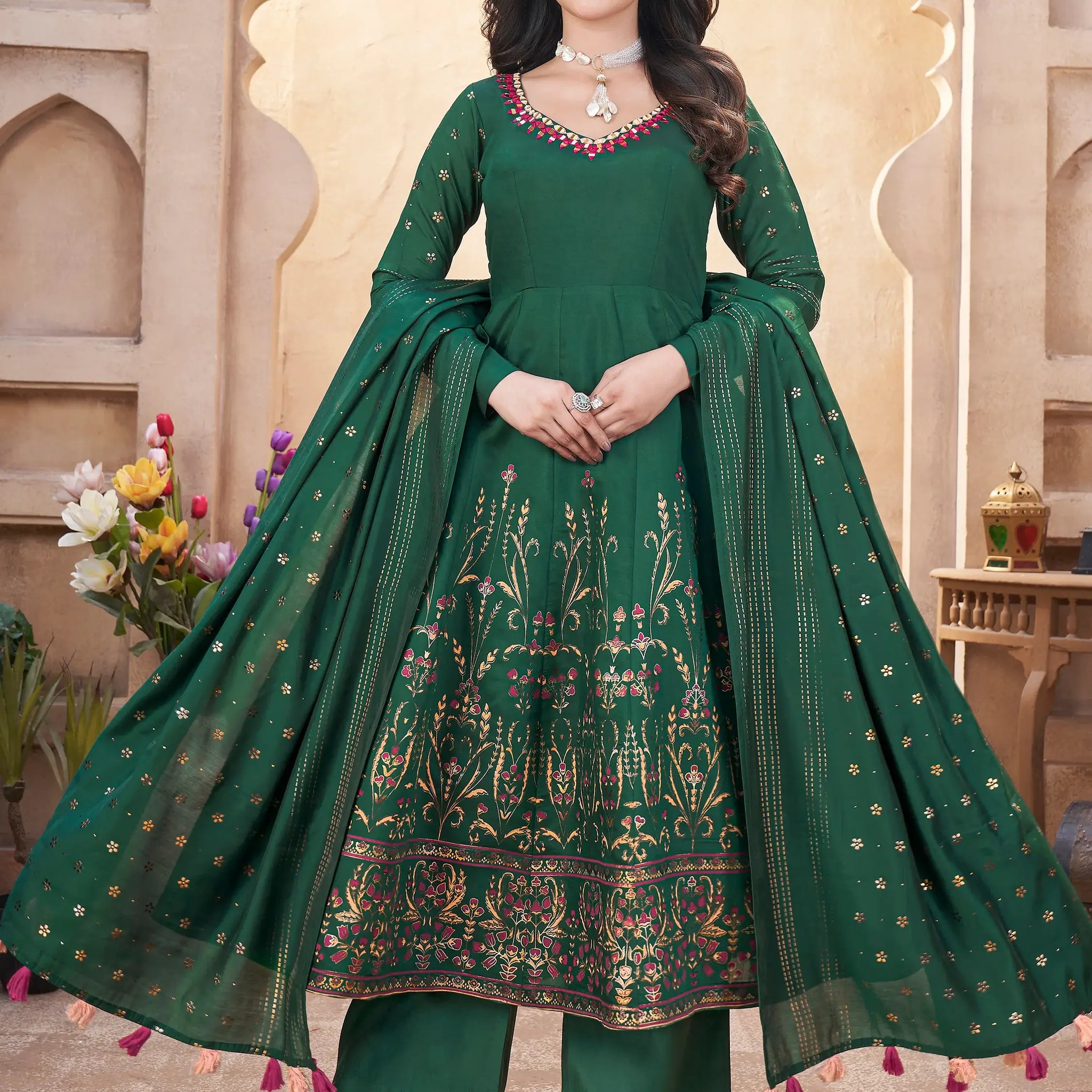 Dazzling Bottle Green Foil Printed Roman Silk Festive Wear Anarkali Suit - Zeel Clothing
