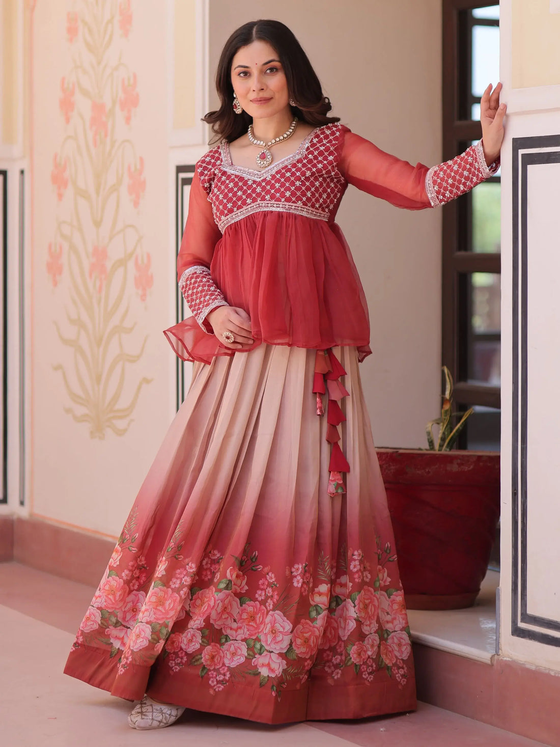 Dazzling Coral Red Floral Printed Silk Designer Lehenga With Peplum Top - Zeel Clothing