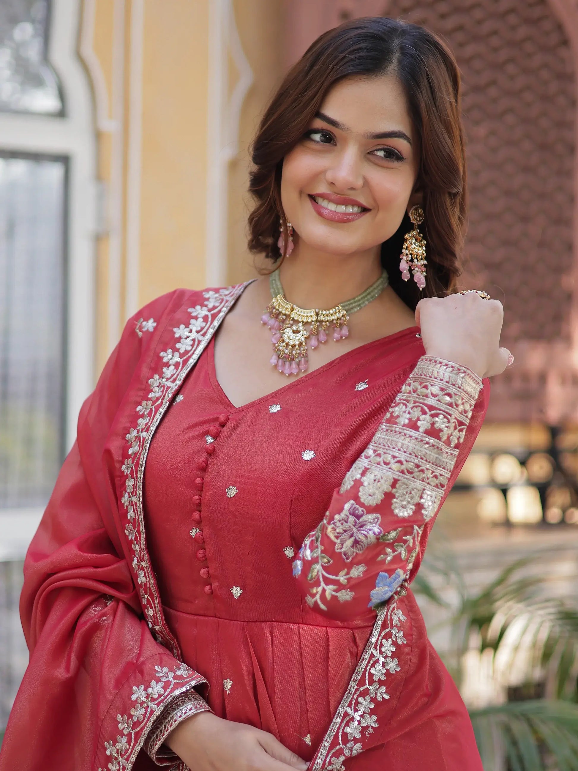 Dazzling Coral Red Zari Work Viscose Festival Wear Gown With Dupatta - Zeel Clothing