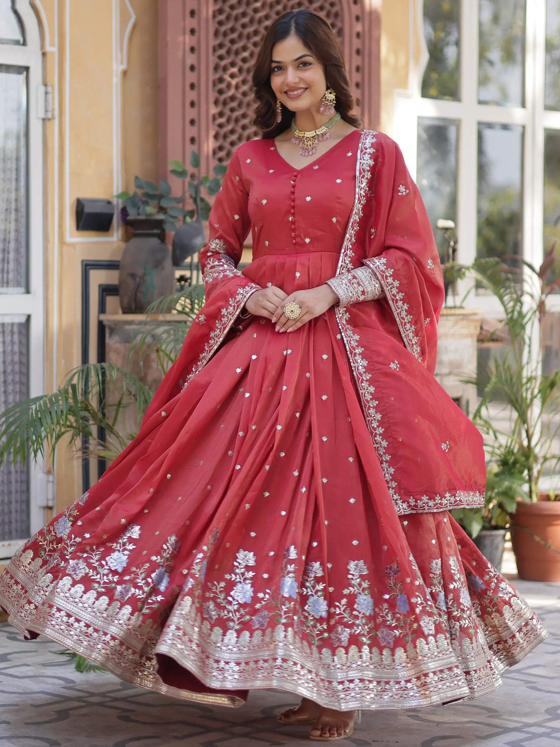 Dazzling Coral Red Zari Work Viscose Festival Wear Gown With Dupatta - Zeel Clothing