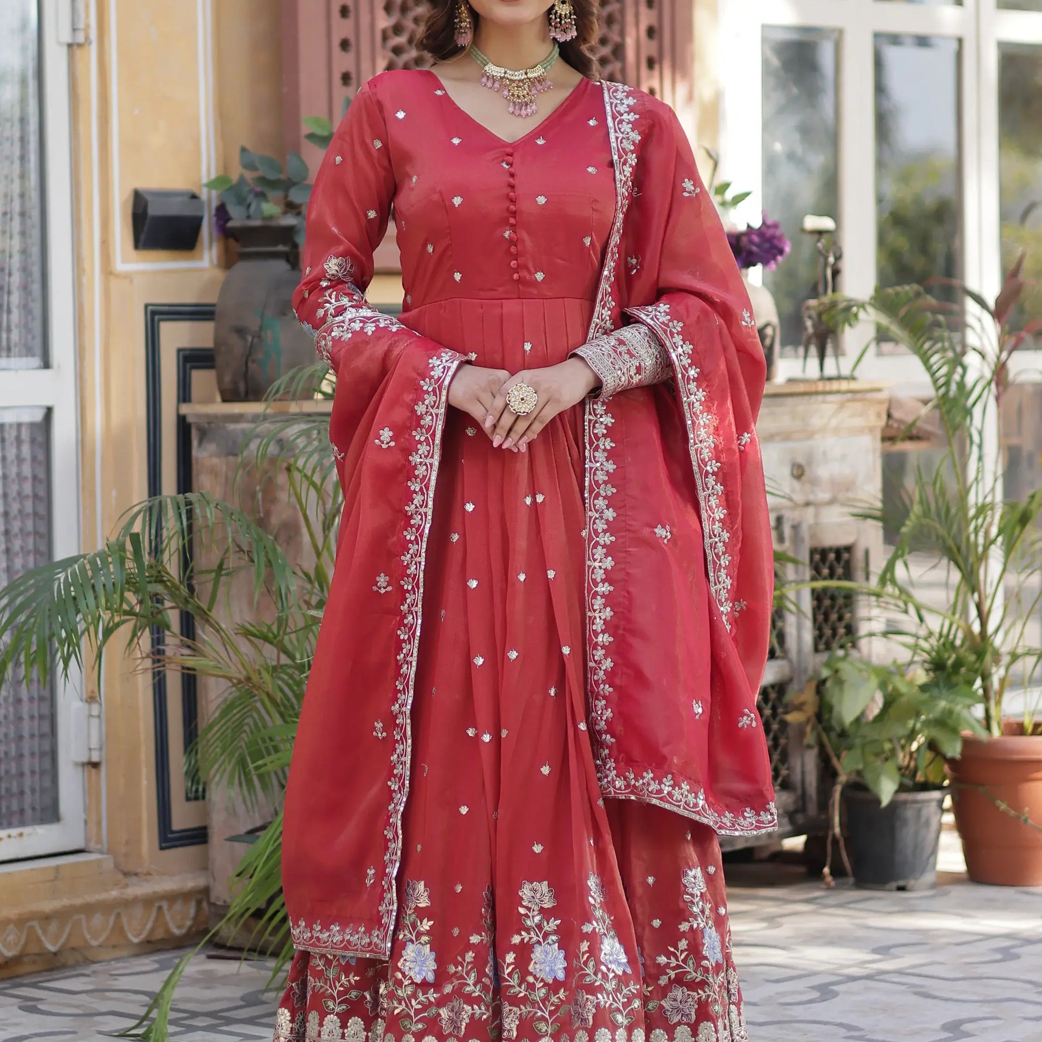 Dazzling Coral Red Zari Work Viscose Festival Wear Gown With Dupatta - Zeel Clothing
