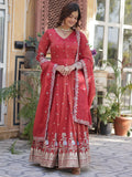 Dazzling Coral Red Zari Work Viscose Festival Wear Gown With Dupatta - Zeel Clothing