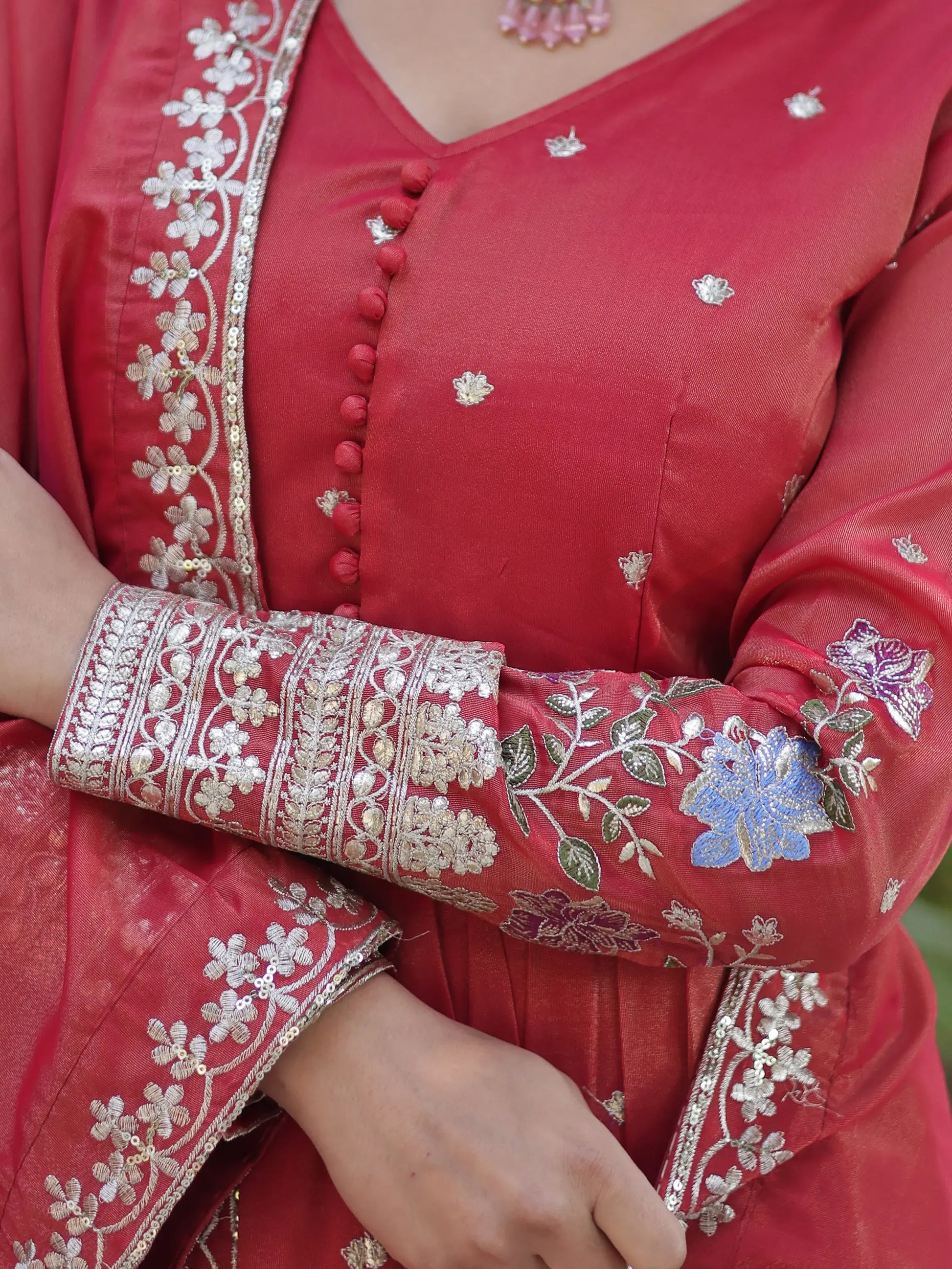 Dazzling Coral Red Zari Work Viscose Festival Wear Gown With Dupatta - Zeel Clothing