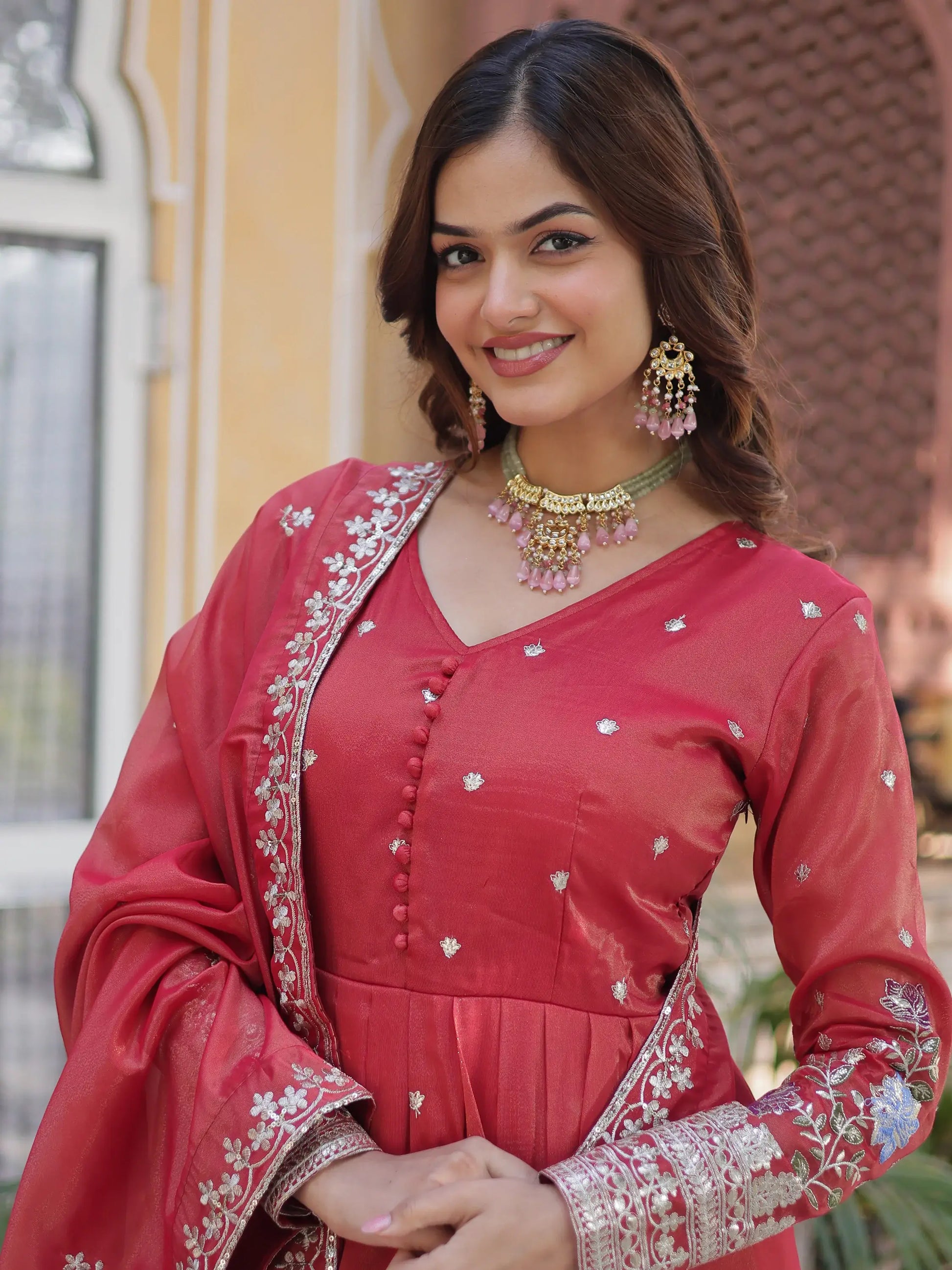 Dazzling Coral Red Zari Work Viscose Festival Wear Gown With Dupatta - Zeel Clothing