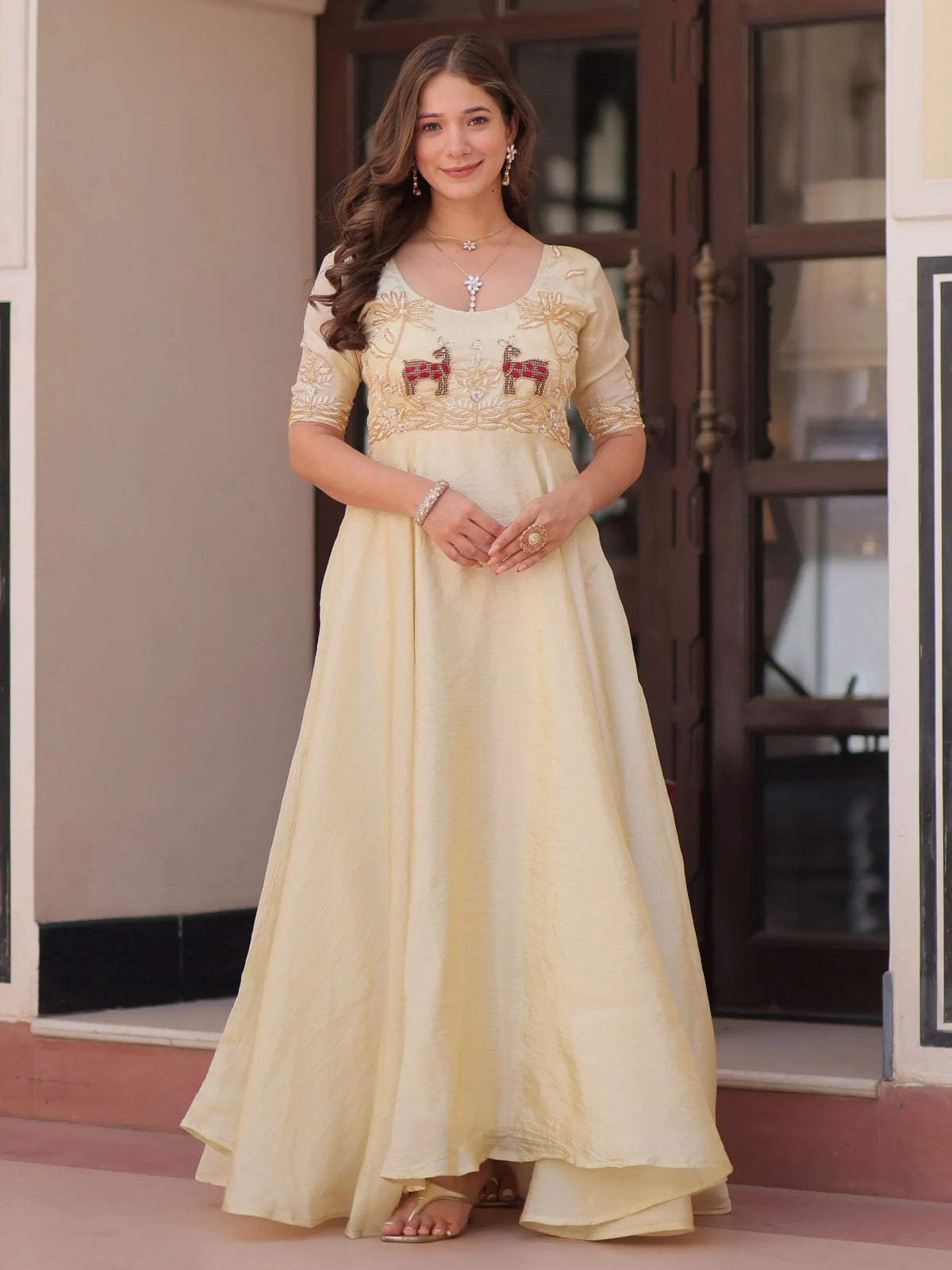 Dazzling Cream Bead Embroidered Organza Festive Wear Gown - Zeel Clothing