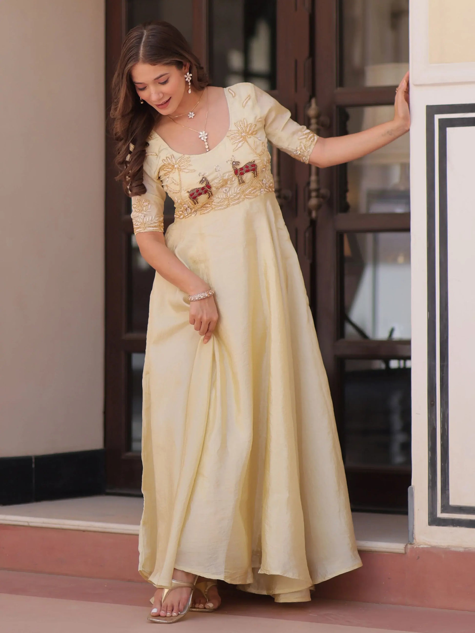 Dazzling Cream Bead Embroidered Organza Festive Wear Gown - Zeel Clothing