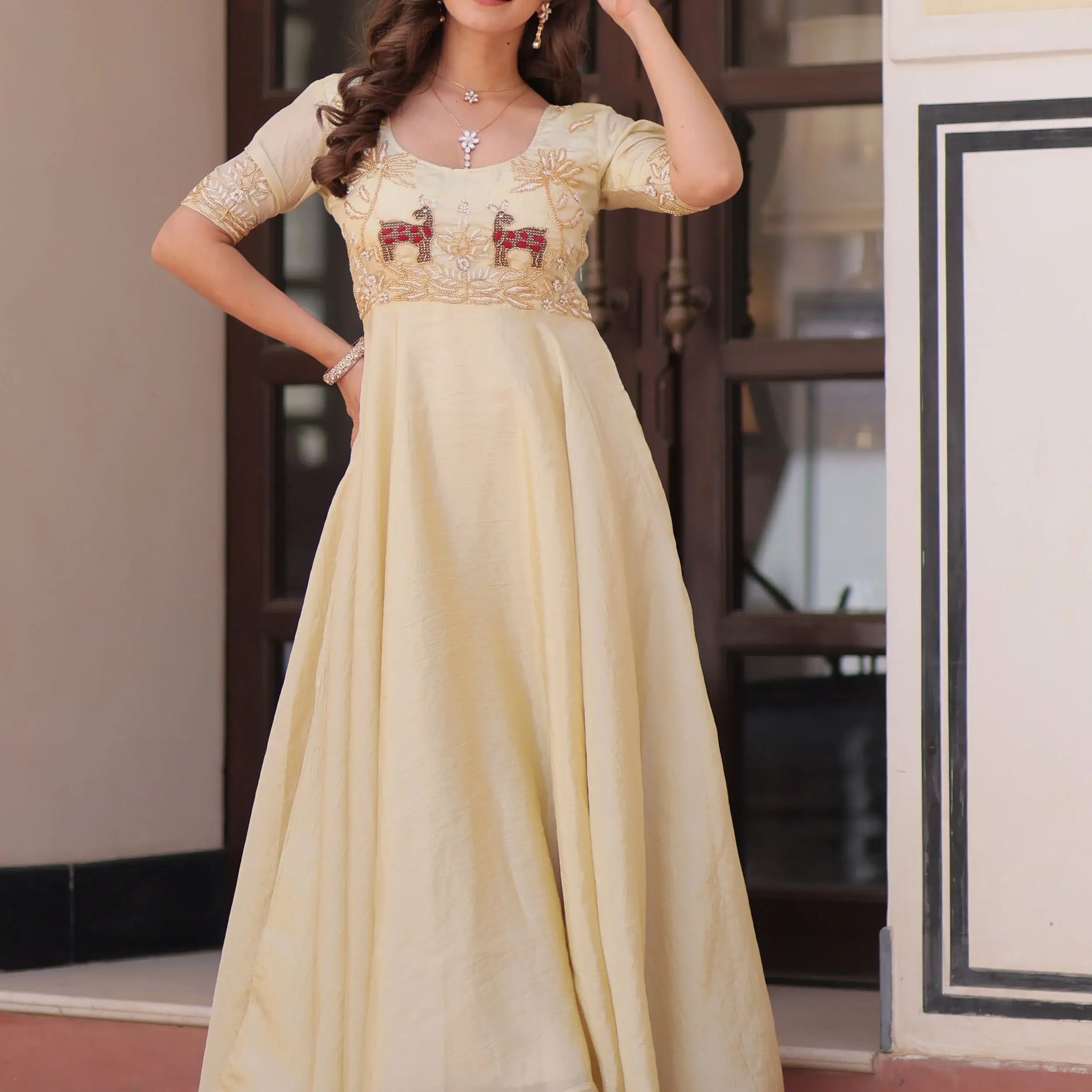 Dazzling Cream Bead Embroidered Organza Festive Wear Gown - Zeel Clothing