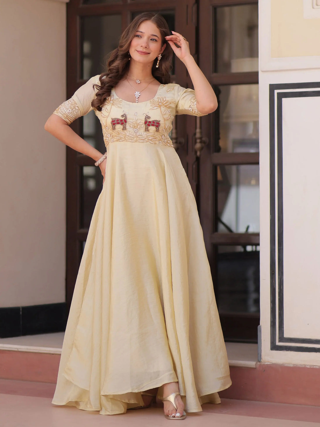 Dazzling Cream Bead Embroidered Organza Festive Wear Gown - Zeel Clothing
