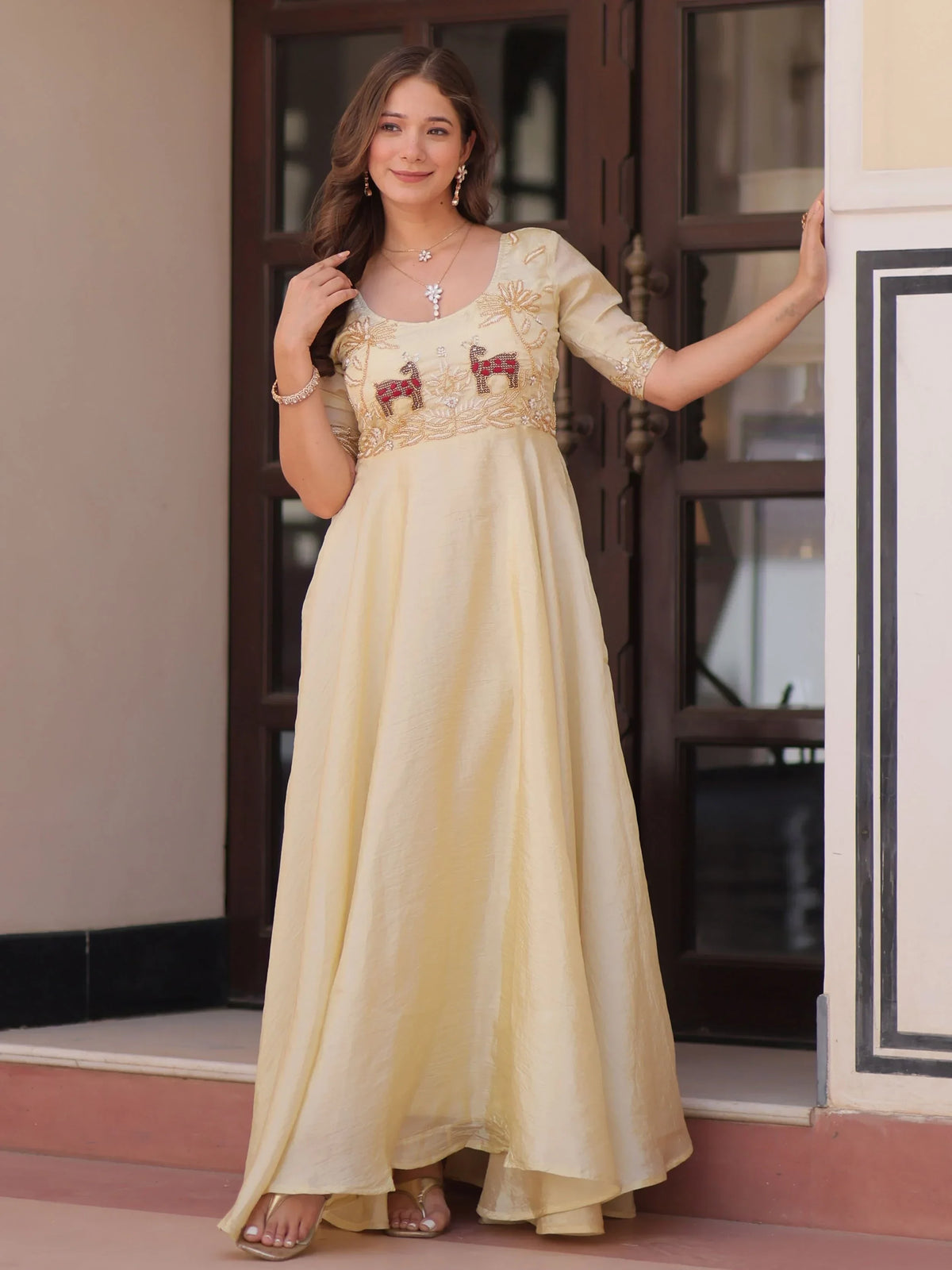 Dazzling Cream Bead Embroidered Organza Festive Wear Gown - Zeel Clothing