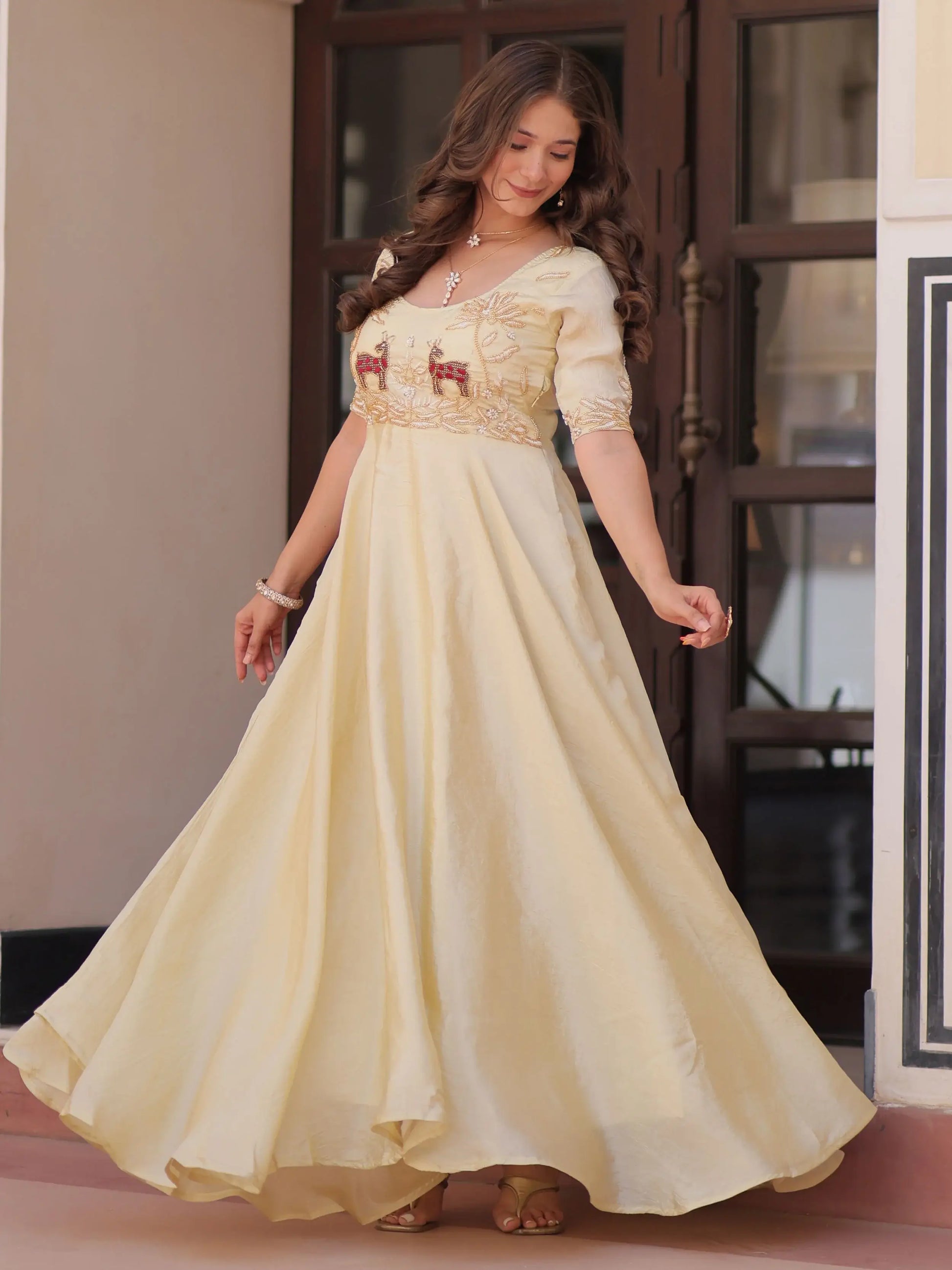 Dazzling Cream Bead Embroidered Organza Festive Wear Gown - Zeel Clothing