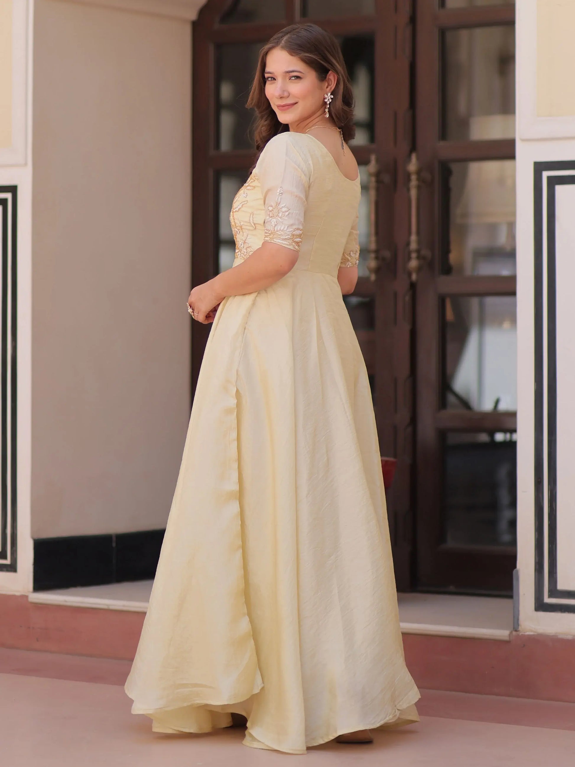 Dazzling Cream Bead Embroidered Organza Festive Wear Gown - Zeel Clothing