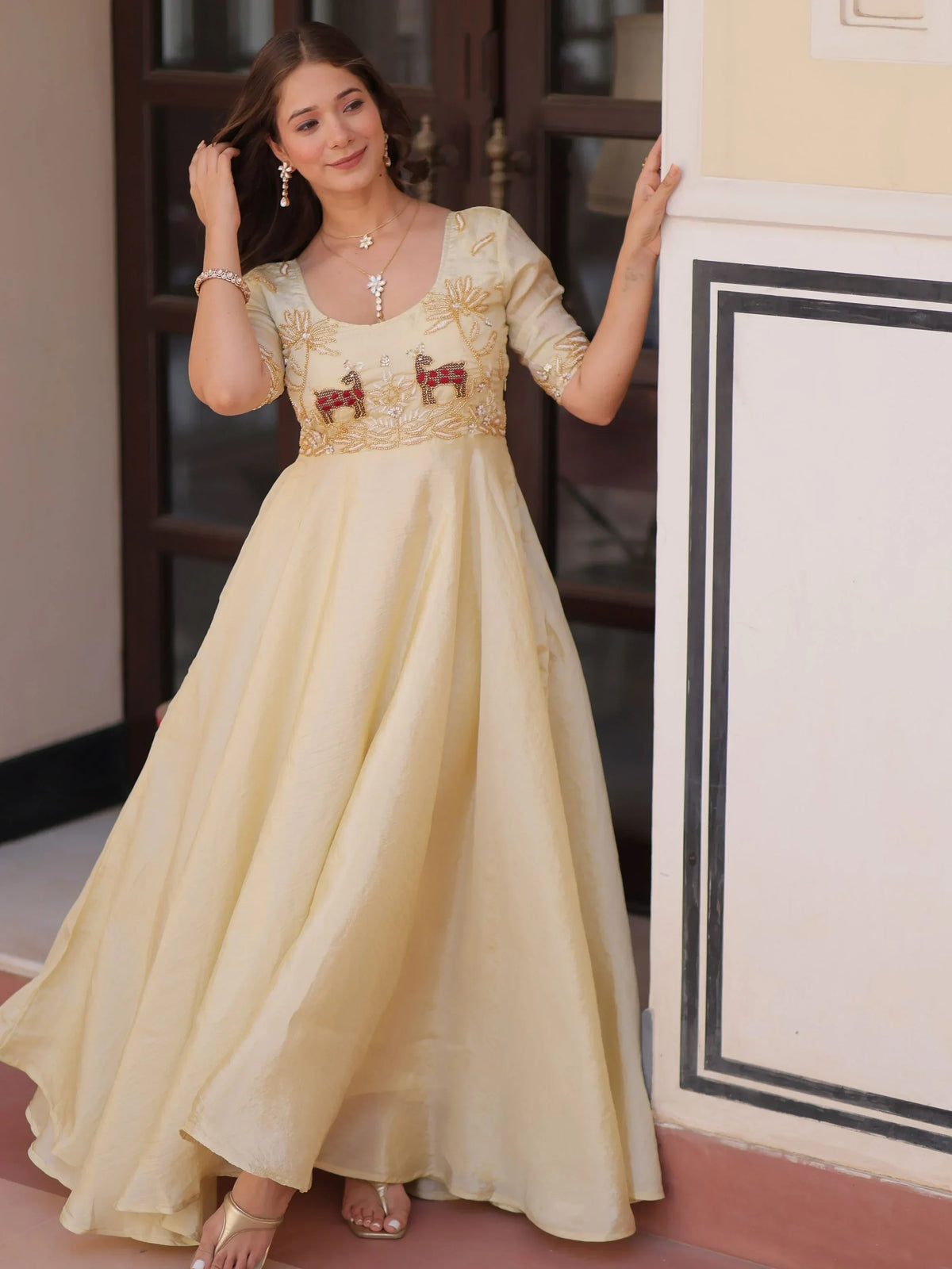 Dazzling Cream Bead Embroidered Organza Festive Wear Gown - Zeel Clothing