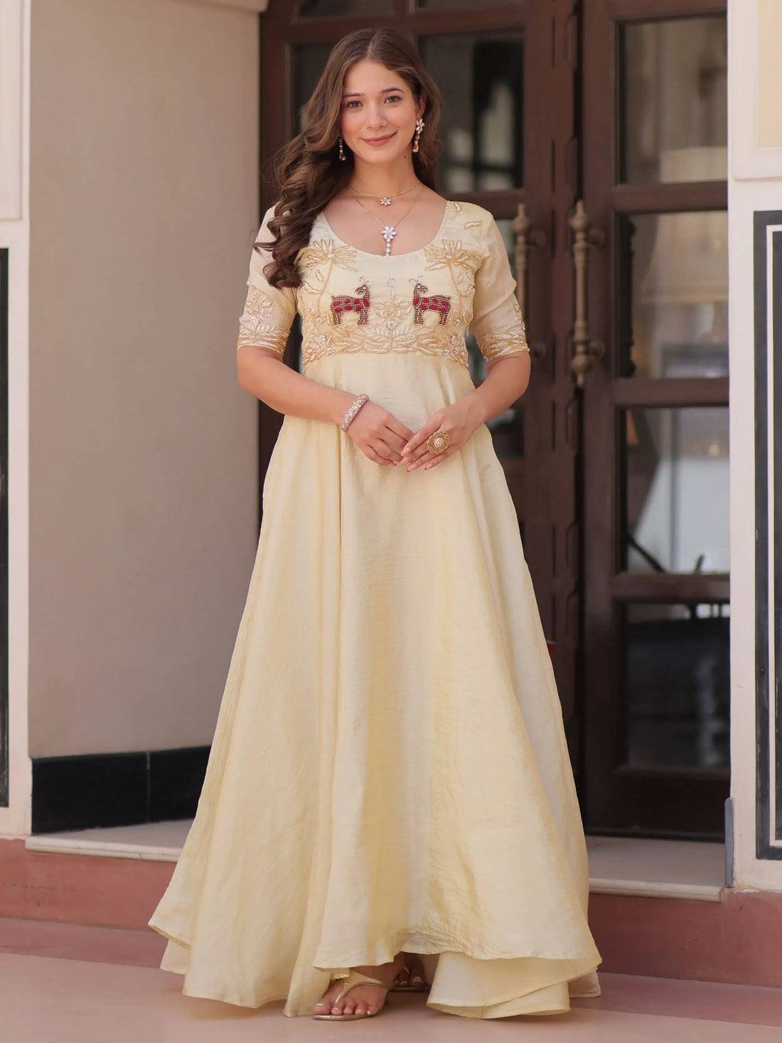 Dazzling Cream Bead Embroidered Organza Festive Wear Gown - Zeel Clothing