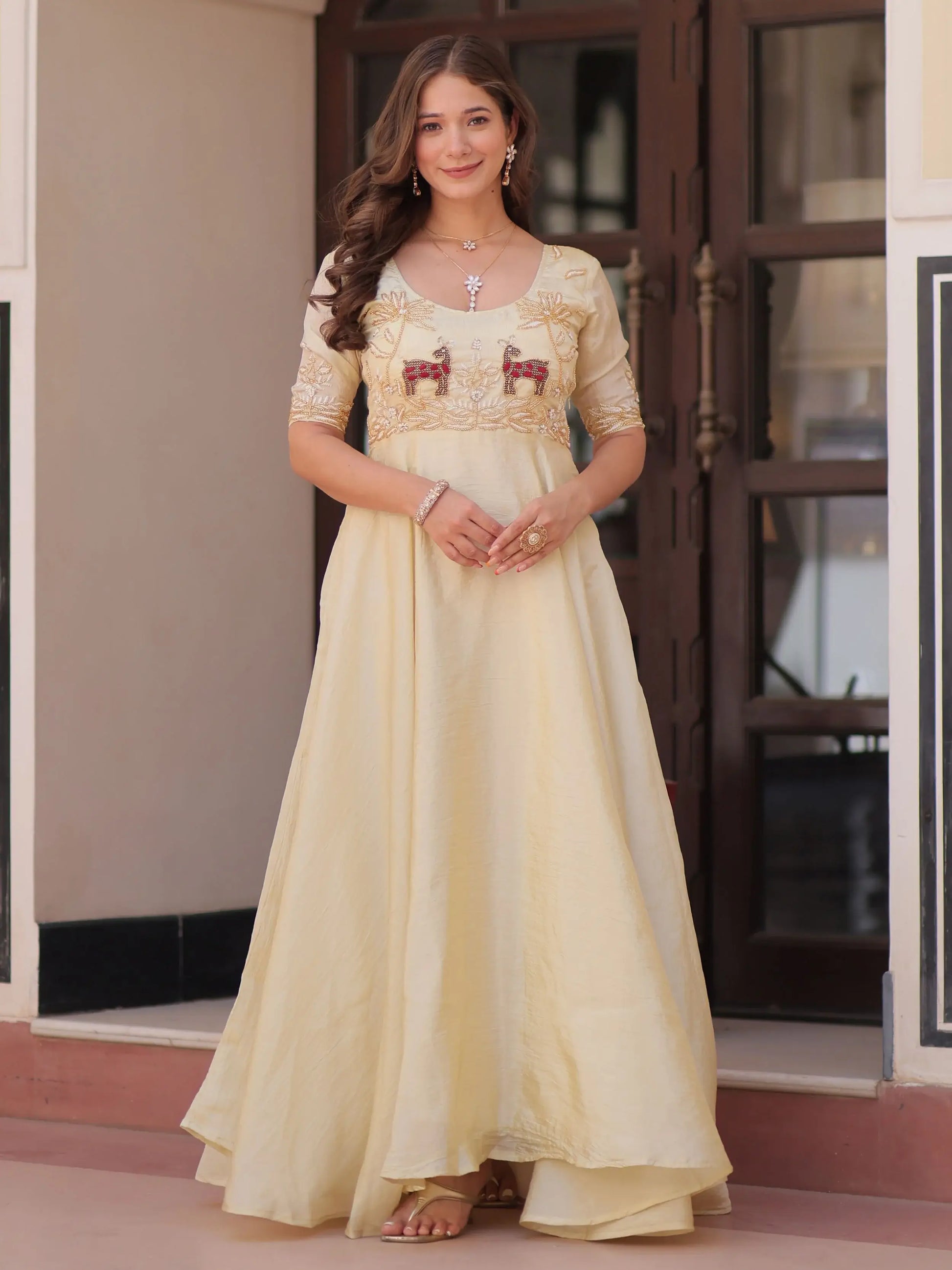 Dazzling Cream Bead Embroidered Organza Festive Wear Gown - Zeel Clothing