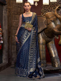 Dazzling Dark Blue Handloom Weaving Satin Saree With Blouse - Zeel Clothing