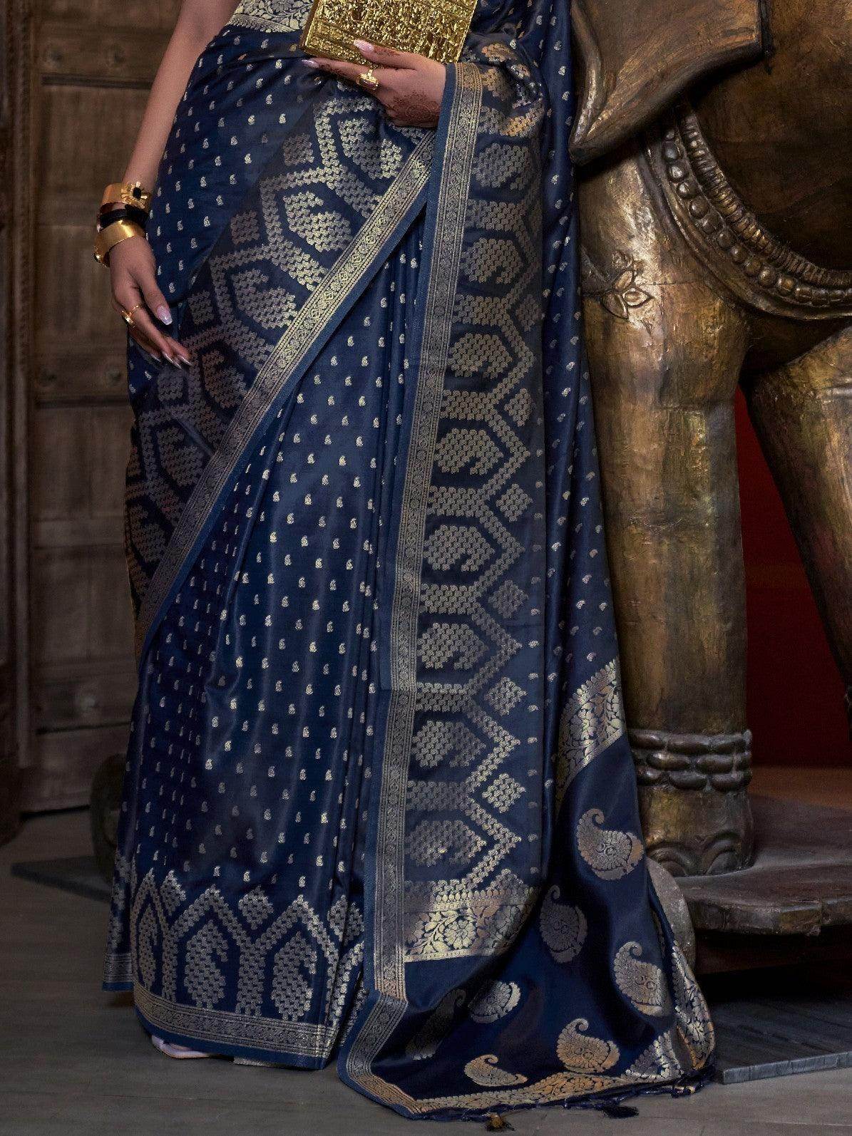 Dazzling Dark Blue Handloom Weaving Satin Saree With Blouse - Zeel Clothing