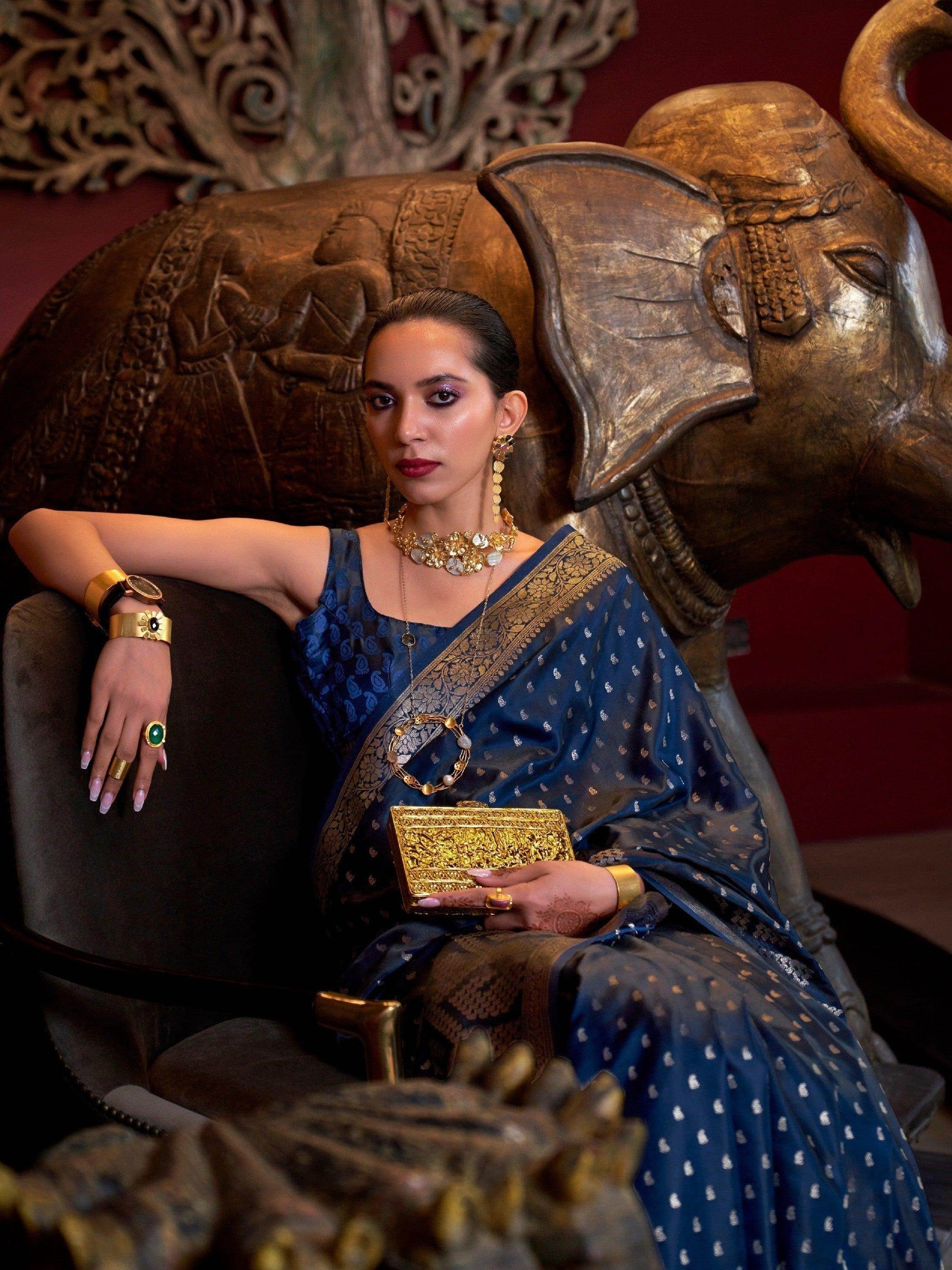 Dazzling Dark Blue Handloom Weaving Satin Saree With Blouse - Zeel Clothing