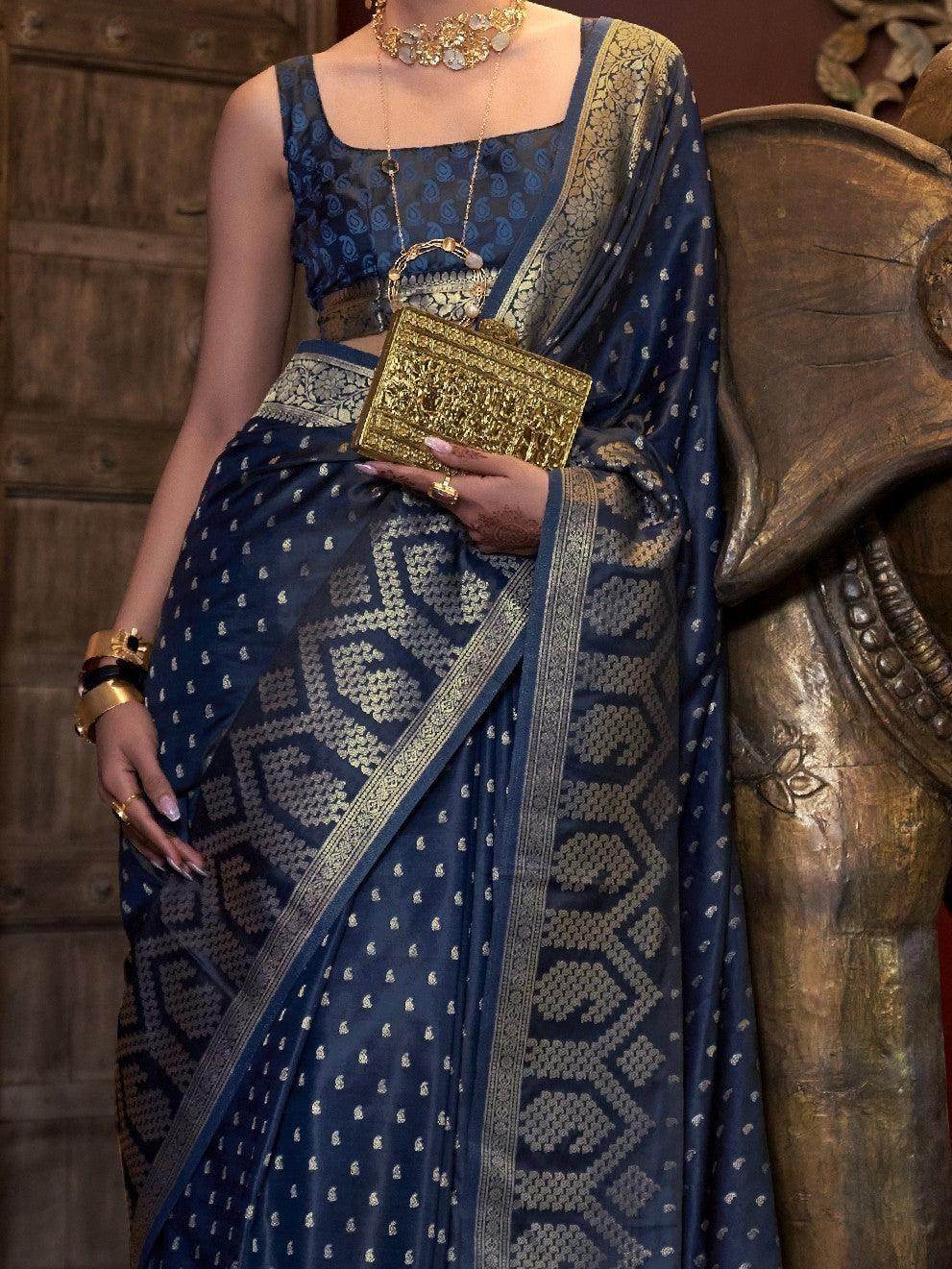 Dazzling Dark Blue Handloom Weaving Satin Saree With Blouse - Zeel Clothing