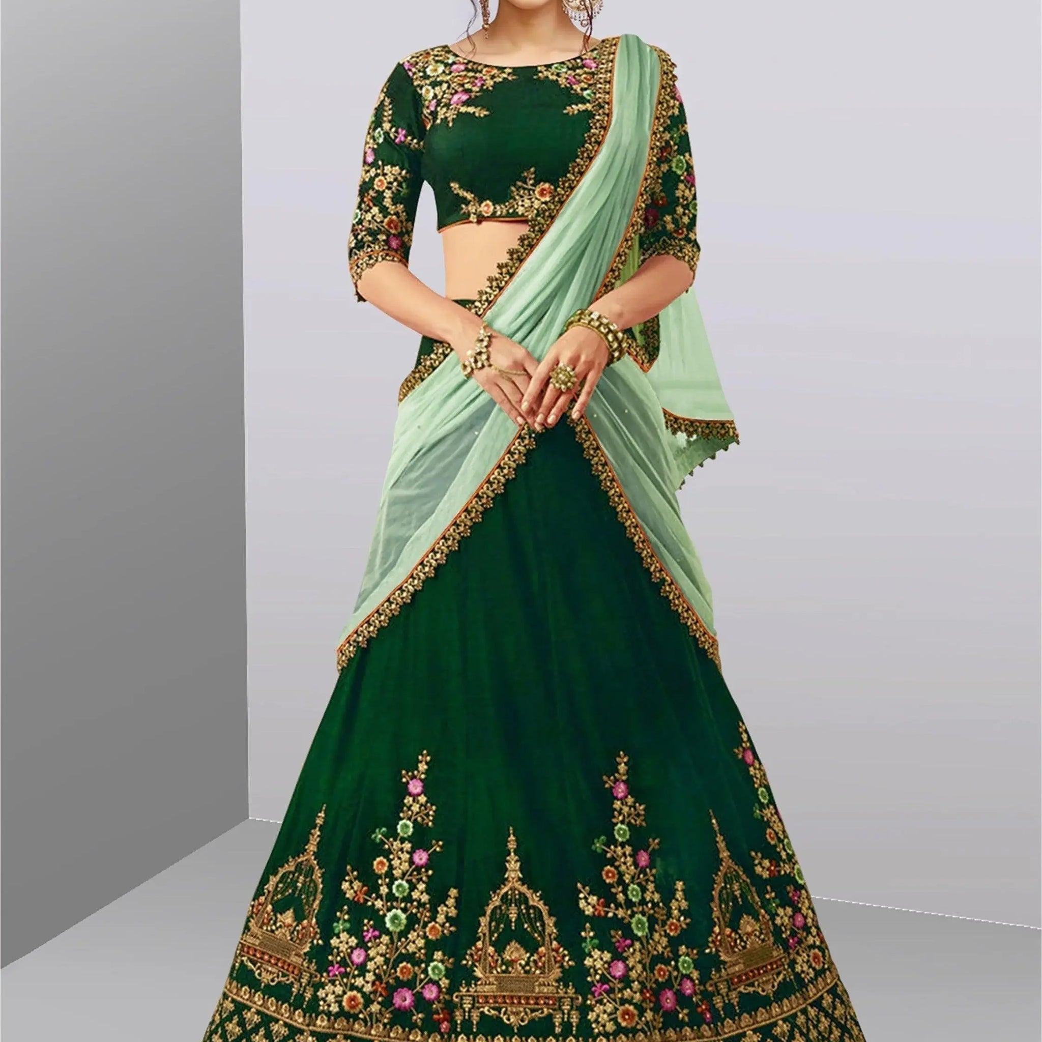 Dazzling Dark Green Colored Party Wear Embroidered Lehenga Choli - Zeel Clothing