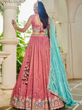 Dazzling Dusty Pink Thread Work Satin Wedding Lehenga Choli With Dupatta - Zeel Clothing
