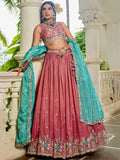 Dazzling Dusty Pink Thread Work Satin Wedding Lehenga Choli With Dupatta - Zeel Clothing